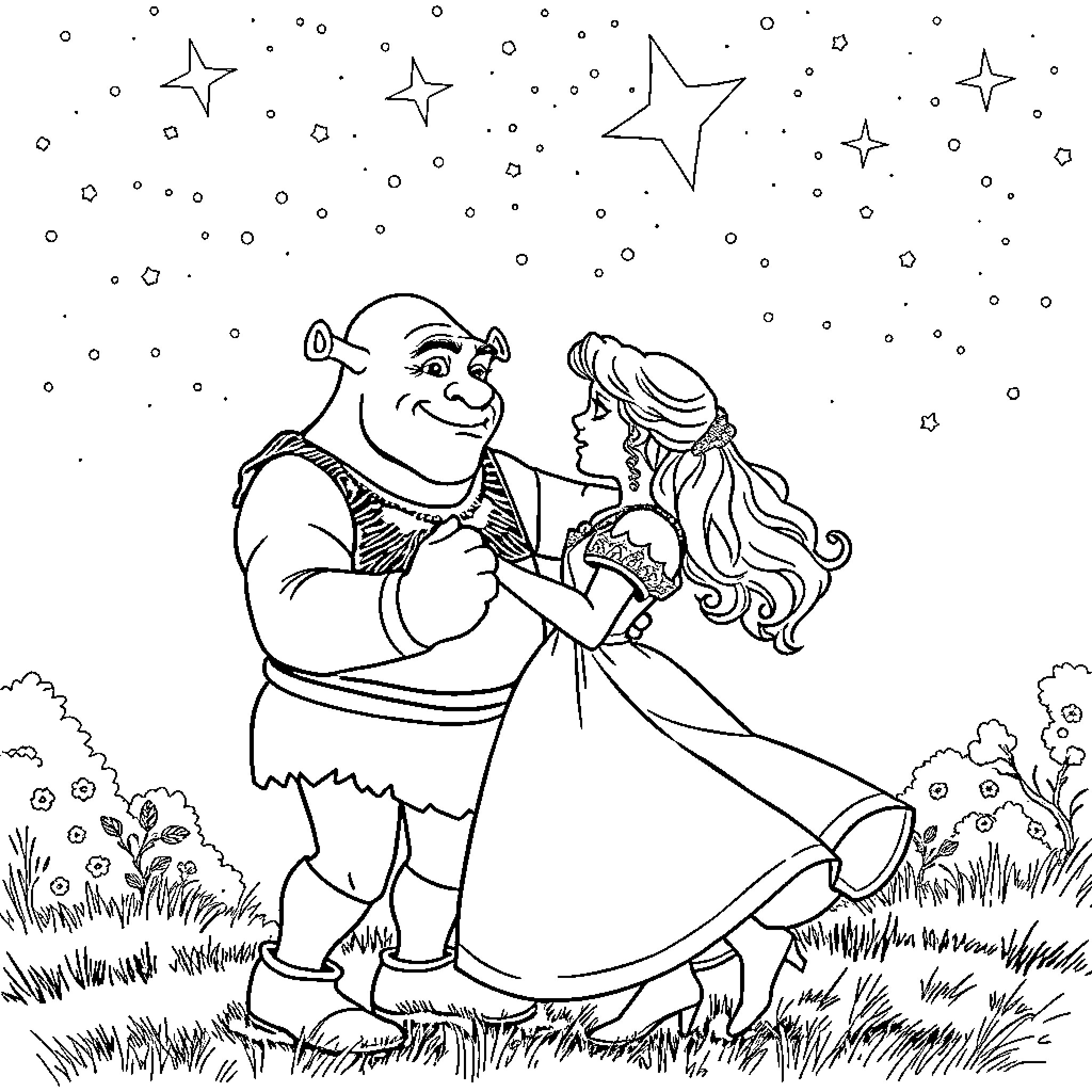 Character dancing under starry night sky Coloring Page (free black-and-white line drawing printable PDF for all, from beginners to advanced learners, including children, teens, adults, and seniors)