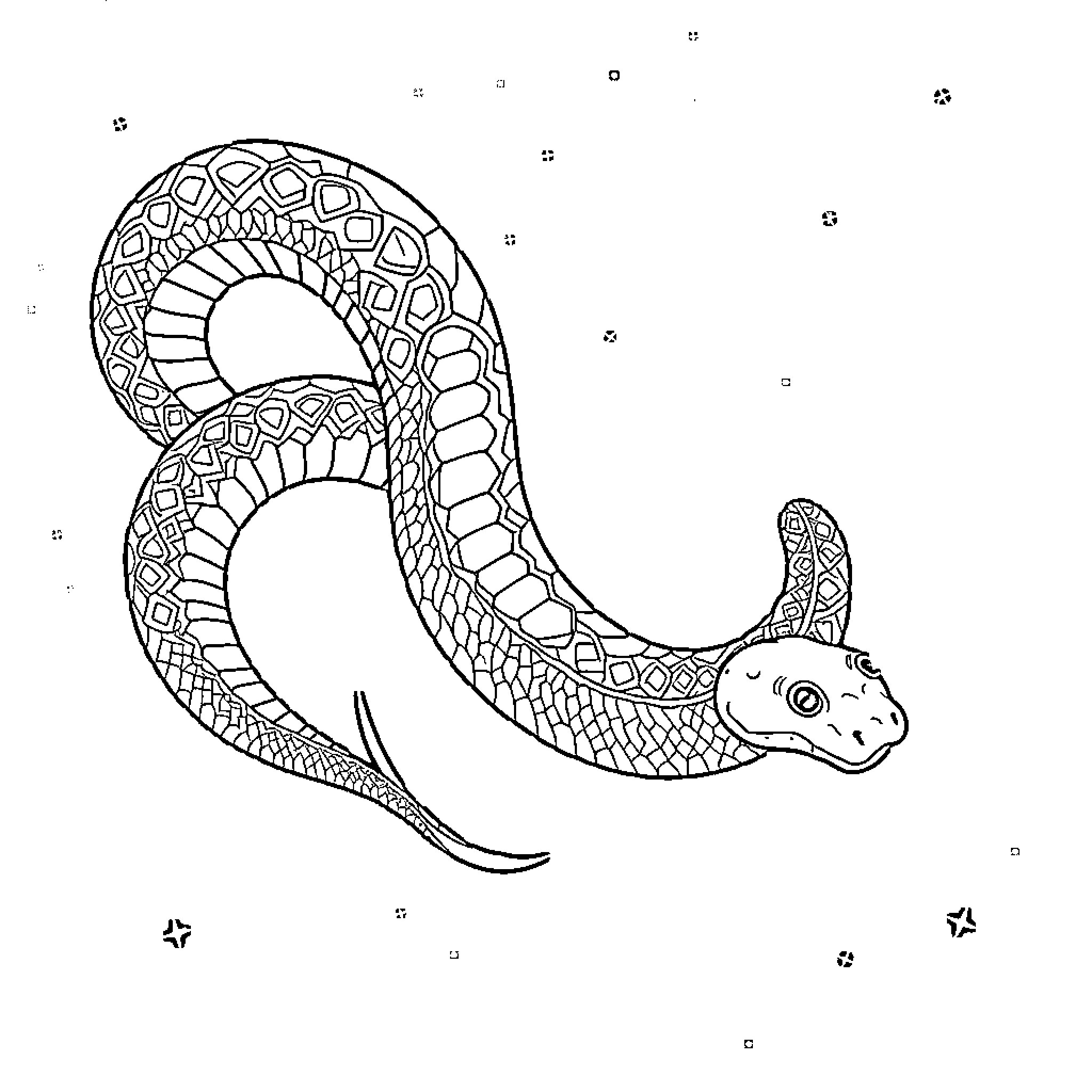 Python coiled in intricate pattern Coloring Page (free black-and-white line drawing printable PDF for all, from beginners to advanced learners, including children, teens, adults, and seniors)