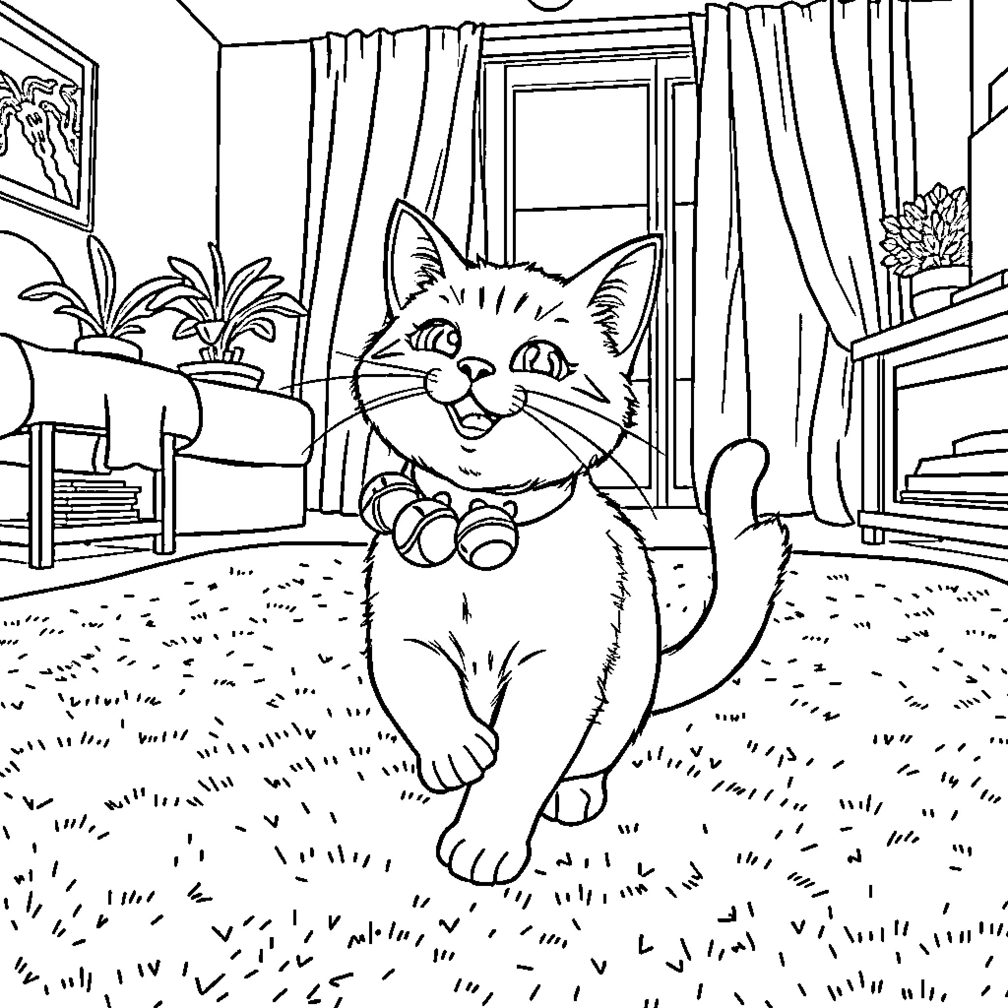 Cat playing inside a cozy indoor scene Coloring Page (free black-and-white line drawing printable PDF for all, from beginners to advanced learners, including children, teens, adults, and seniors)