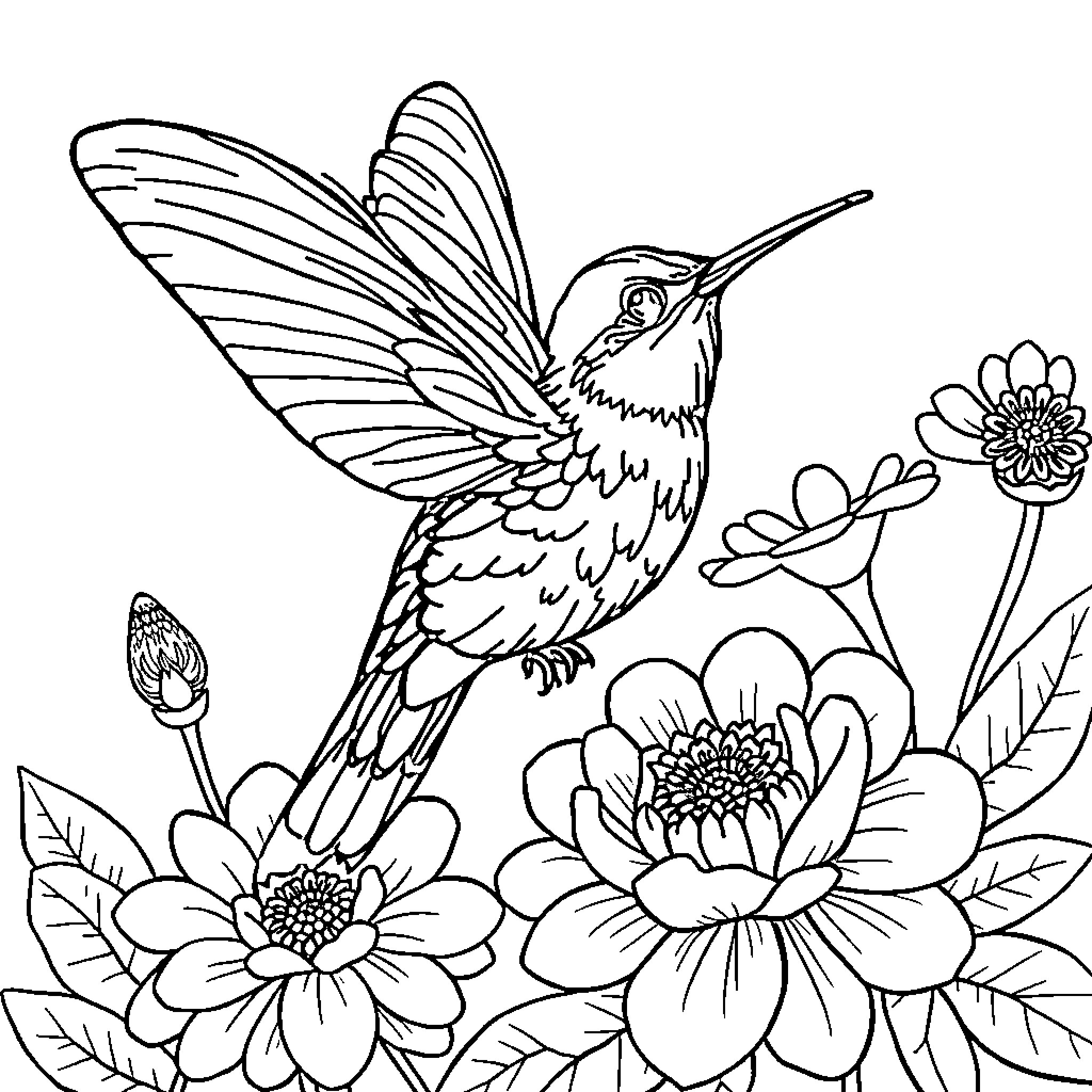 Hummingbird surrounded by beautiful flowers Coloring Page (free black-and-white line drawing printable PDF for all, from beginners to advanced learners, including children, teens, adults, and seniors)