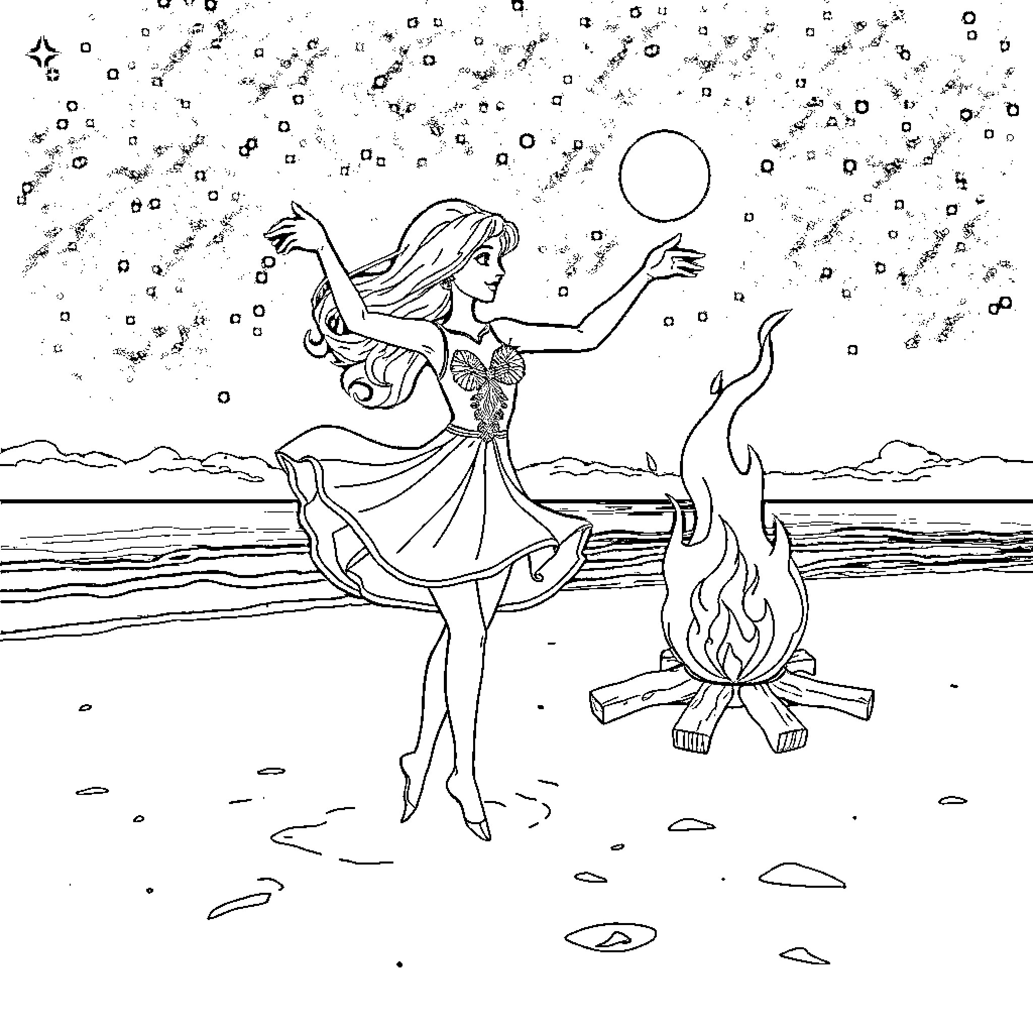 Ballerina dancing gracefully by the campfire Coloring Page (free black-and-white line drawing printable PDF for all, from beginners to advanced learners, including children, teens, adults, and seniors)