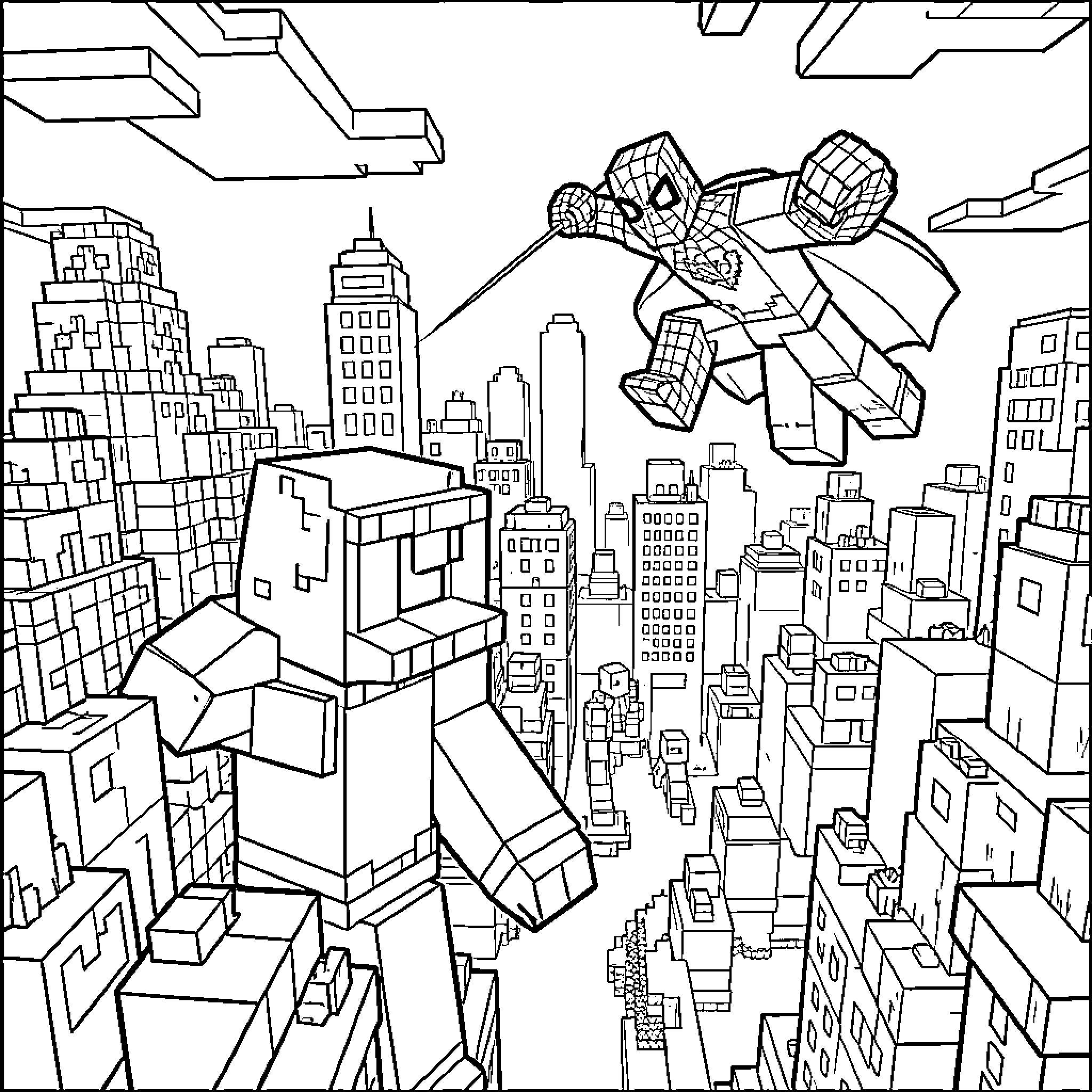 Super Dog flying through a blocky cityscape Coloring Page (free black-and-white line drawing printable PDF for all, from beginners to advanced learners, including children, teens, adults, and seniors)