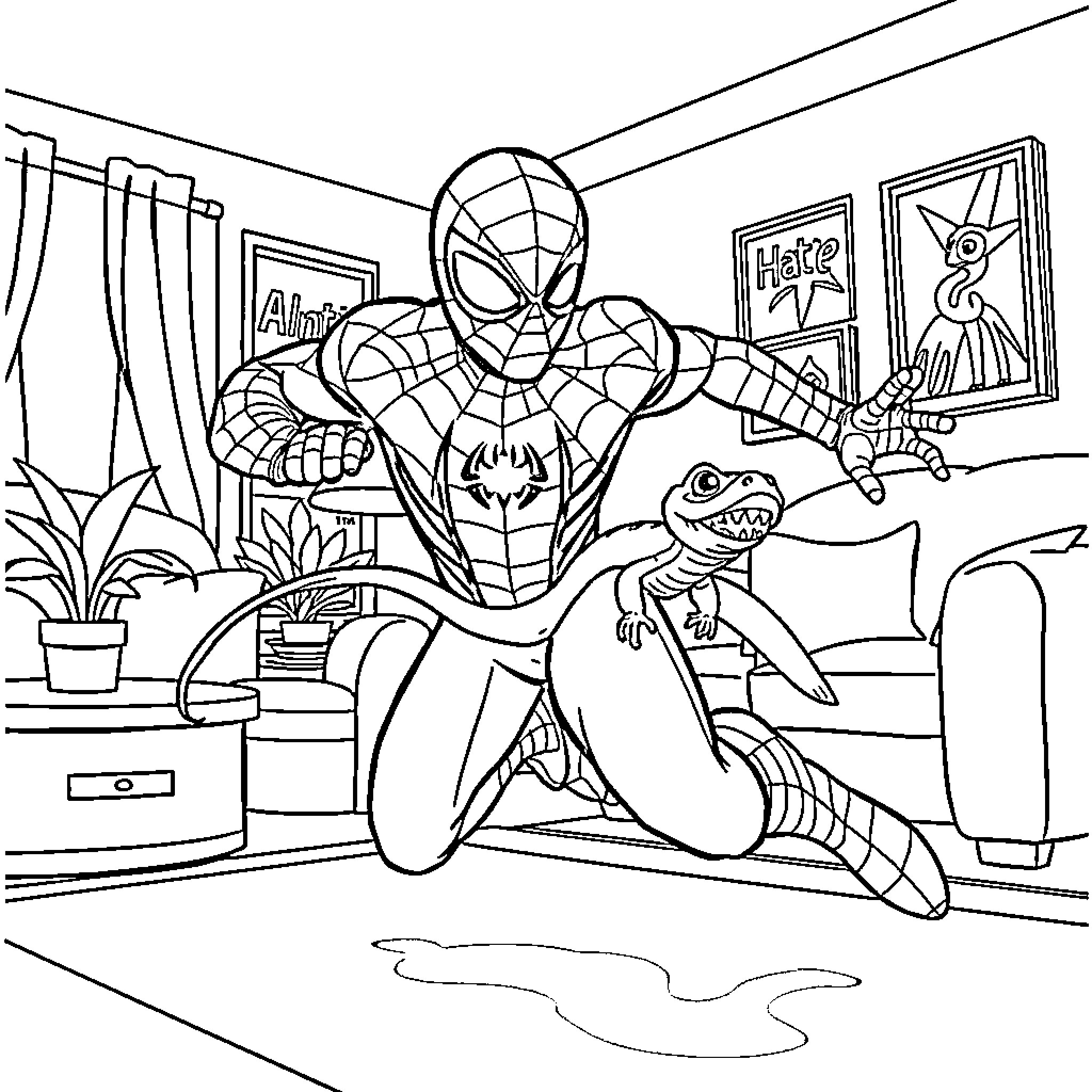 Spiderman fighting a fierce reptile in an apartment Coloring Page (free black-and-white line drawing printable PDF for all, from beginners to advanced learners, including children, teens, adults, and seniors)