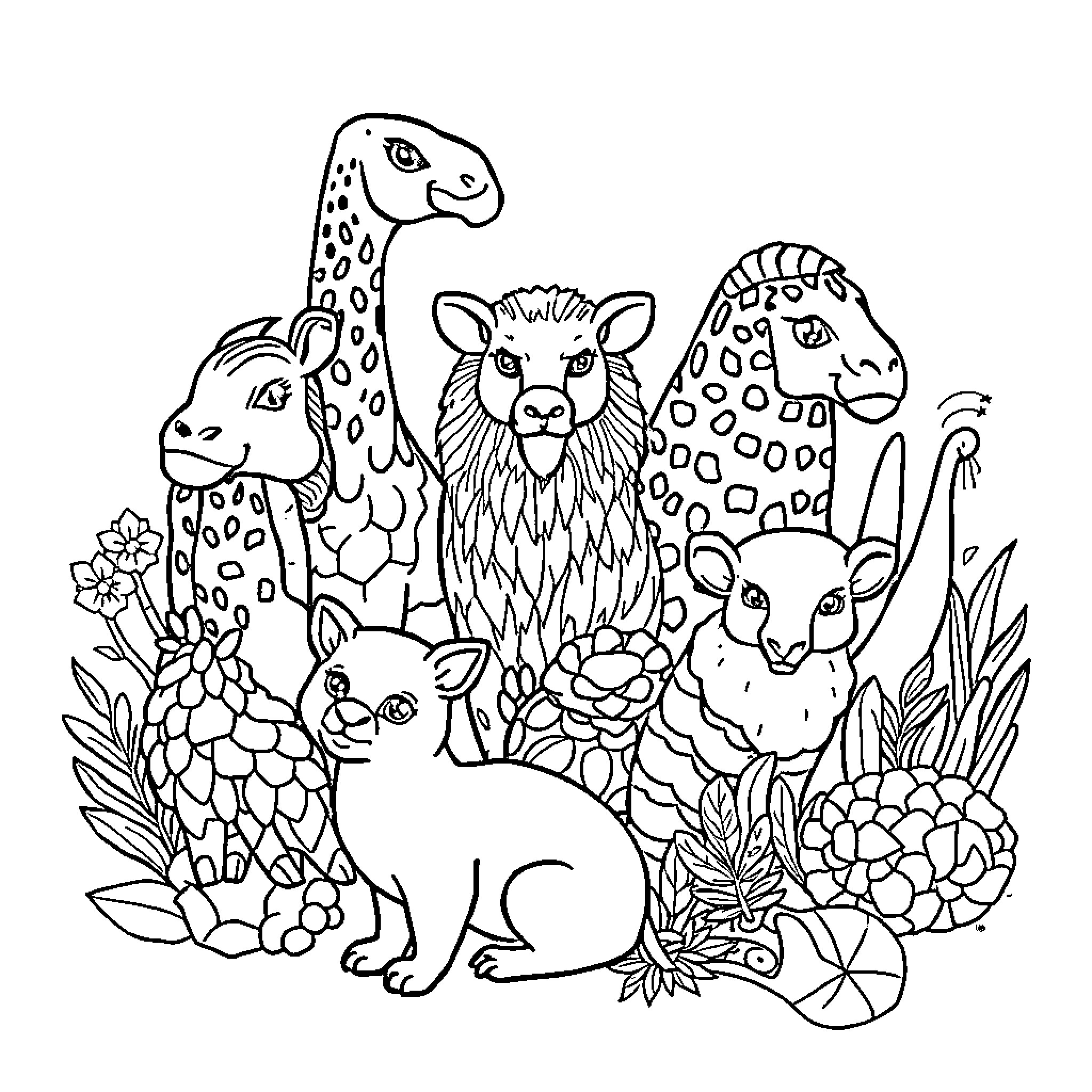 Animal friends in the garden Coloring Page (free black-and-white line drawing printable PDF for all, from beginners to advanced learners, including children, teens, adults, and seniors)