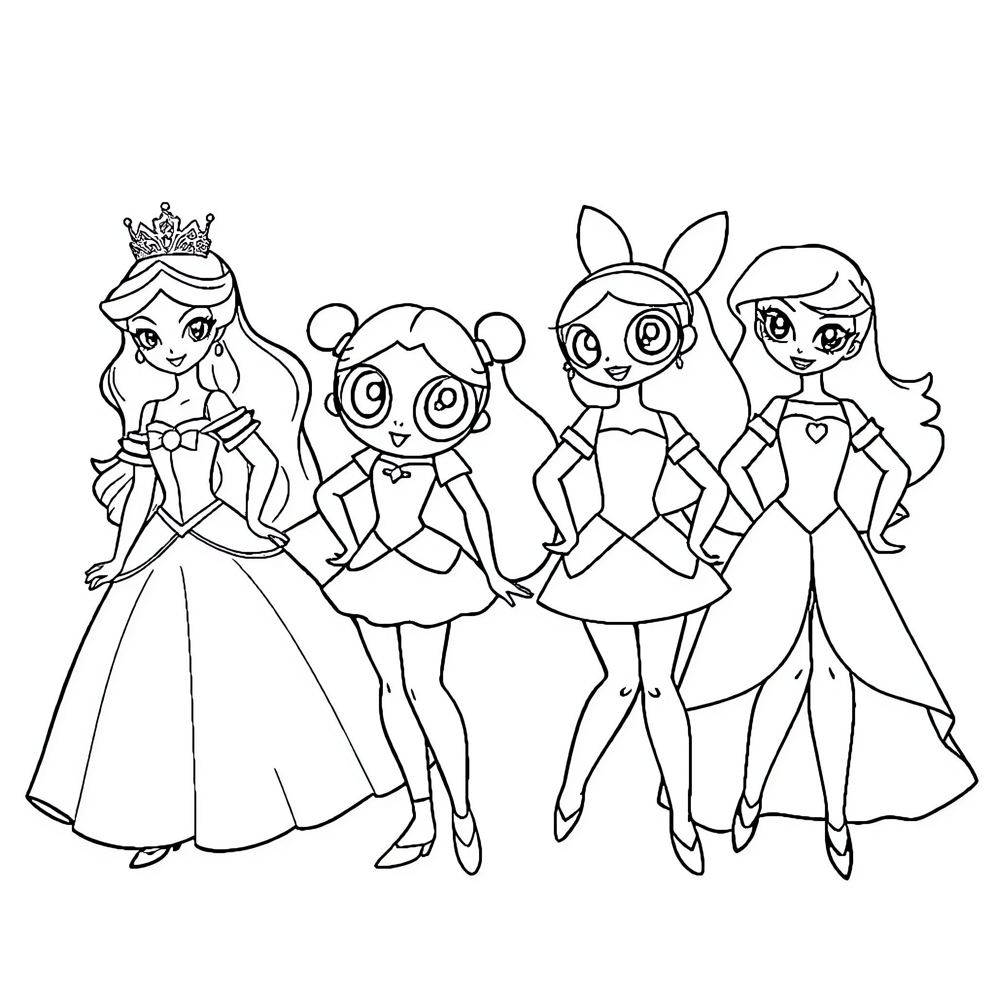 Princess Protagonists in Various Outfits Coloring Page (free black-and-white line drawing printable PDF for all, from beginners to advanced learners, including children, teens, adults, and seniors)