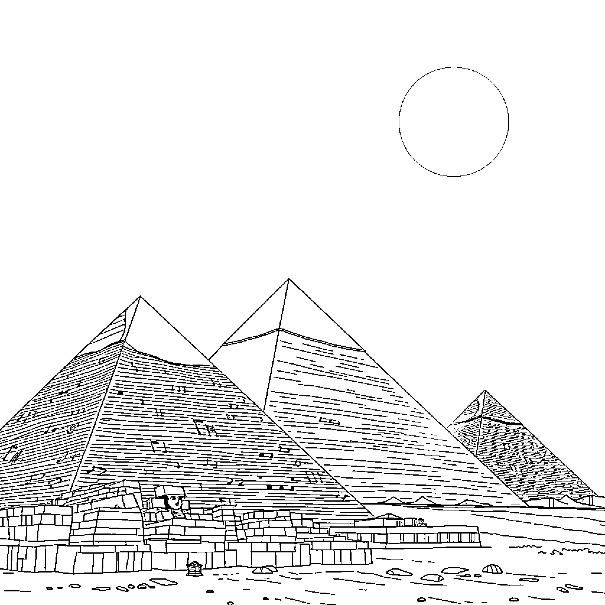 Hieroglyphics of Ancient Egyptian Pyramids Coloring Page (free black-and-white line drawing printable PDF for all, from beginners to advanced learners, including children, teens, adults, and seniors)