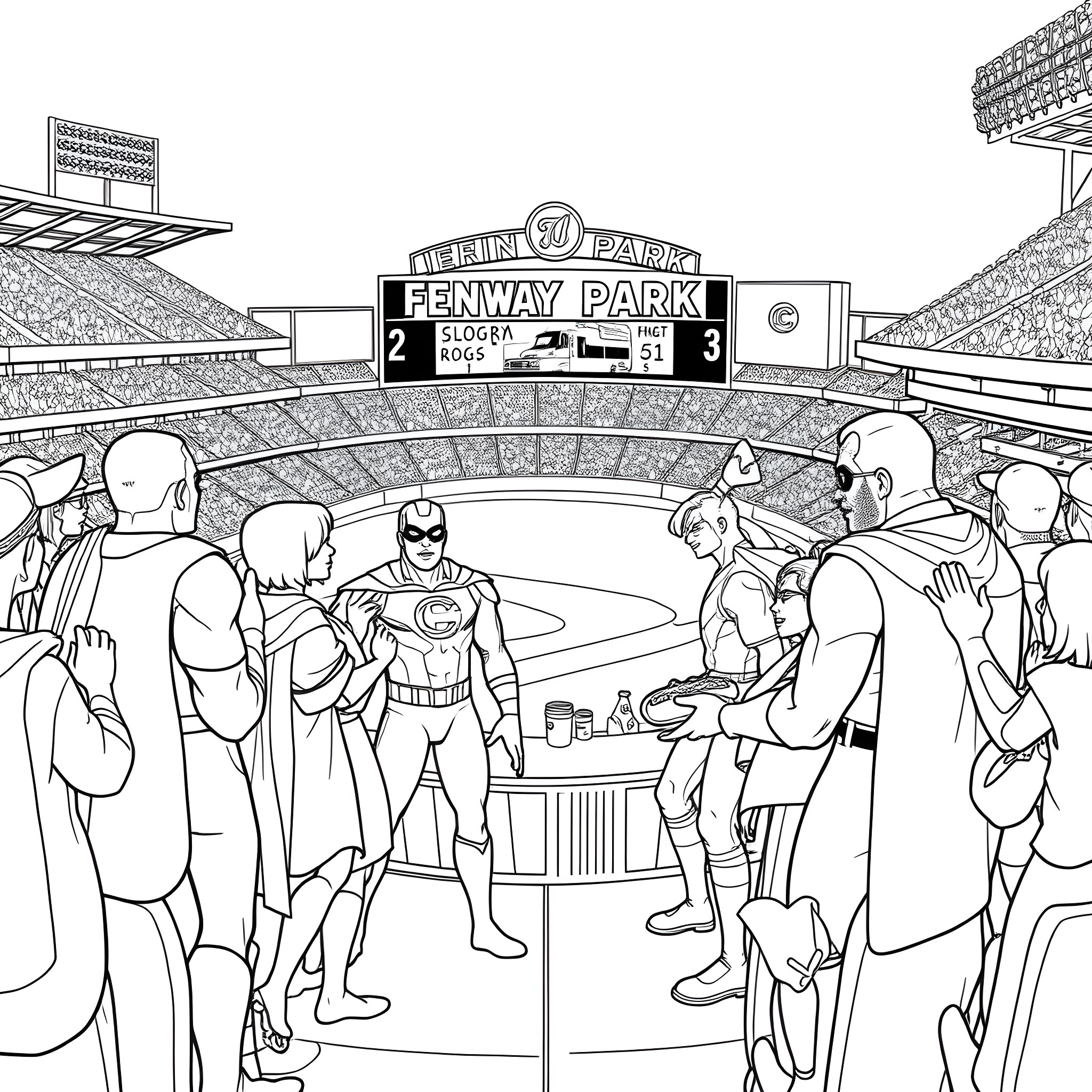 Superhero at the stadium concession stand Coloring Page (free black-and-white line drawing printable PDF for all, from beginners to advanced learners, including children, teens, adults, and seniors)