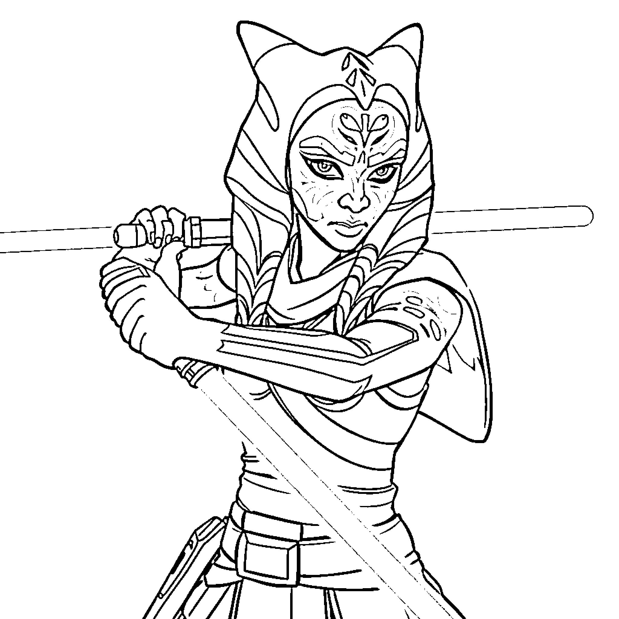 Ahsoka Tano in Action Pose with Lightsaber Coloring Page (free black-and-white line drawing printable PDF for all, from beginners to advanced learners, including children, teens, adults, and seniors)
