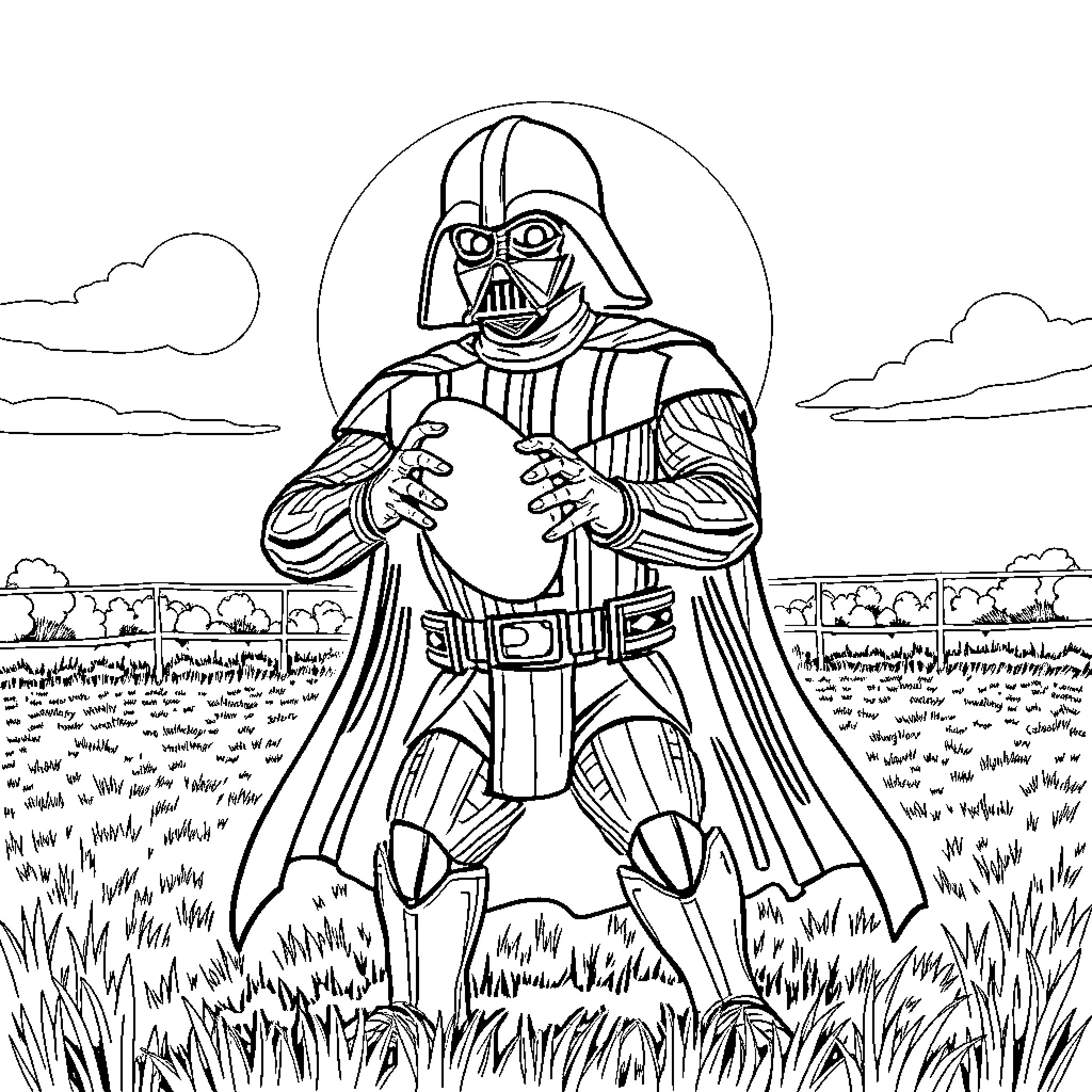 Darth Vader Standing Tall in the Grassy Field Coloring Page (free black-and-white line drawing printable PDF for all, from beginners to advanced learners, including children, teens, adults, and seniors)