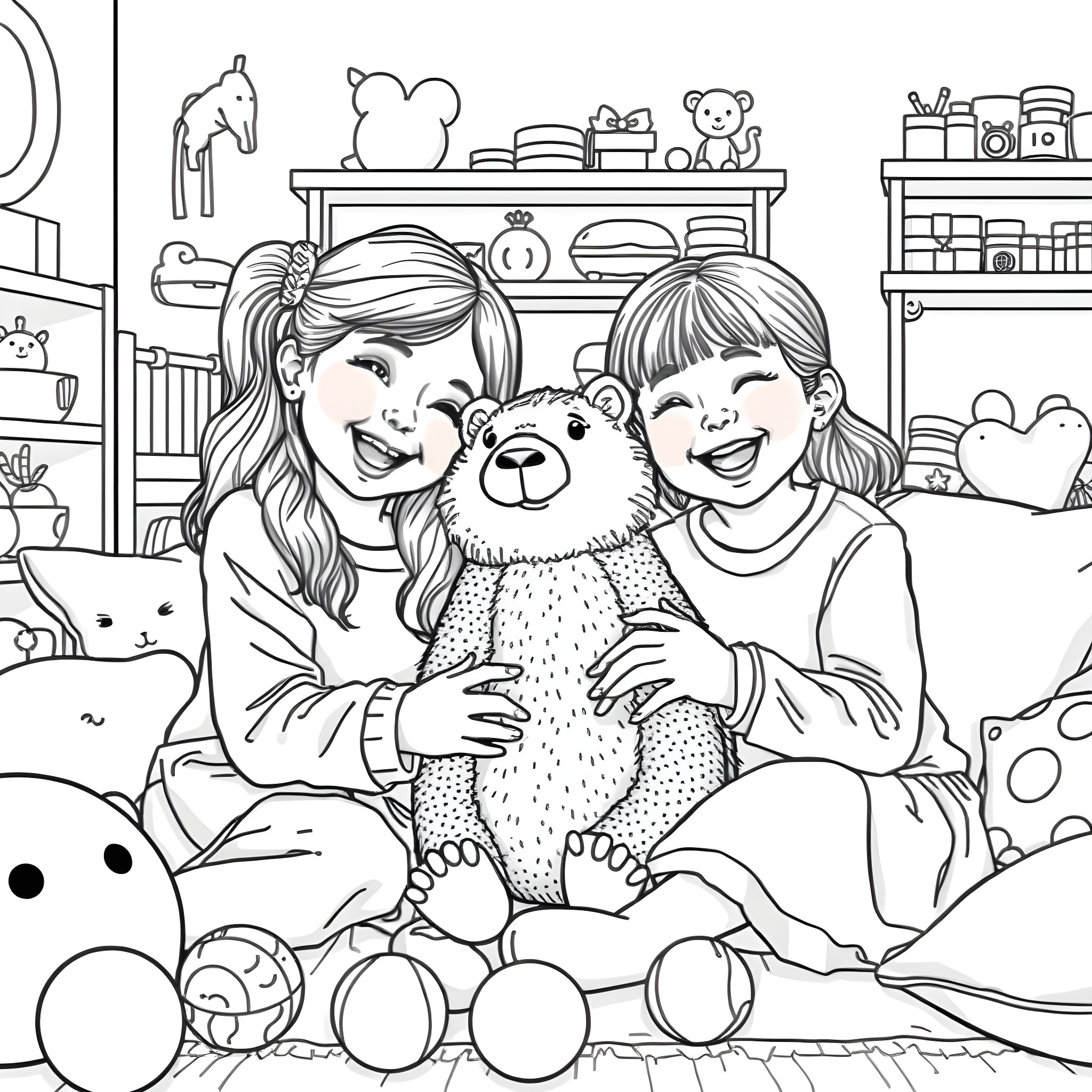 Girls playing with stuffed animals in the playroom Coloring Page (free black-and-white line drawing printable PDF for all, from beginners to advanced learners, including children, teens, adults, and seniors)