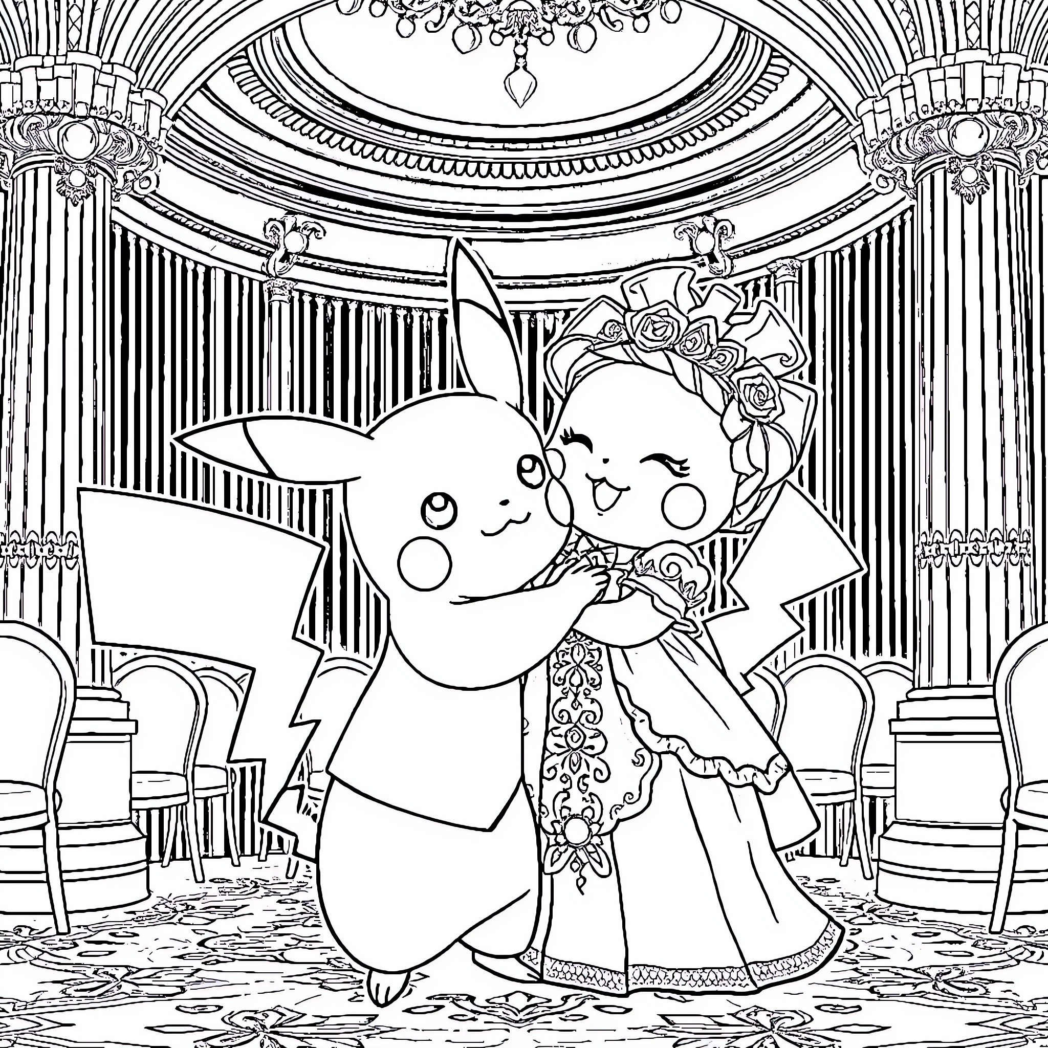 Pikachu in a grand wedding ceremony Coloring Page (free black-and-white line drawing printable PDF for all, from beginners to advanced learners, including children, teens, adults, and seniors)