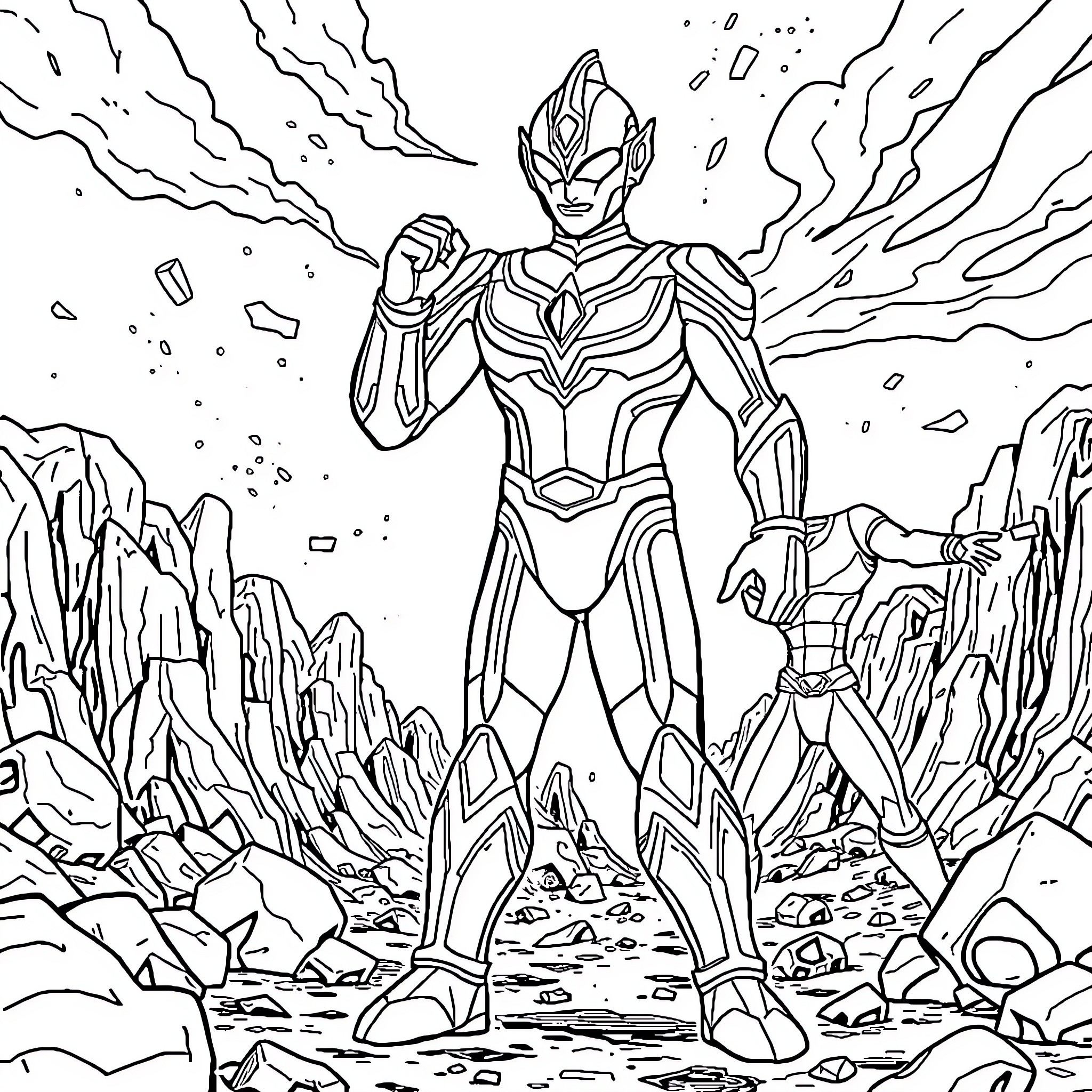 Ultraman Battling in Alien Landscape Coloring Page (free black-and-white line drawing printable PDF for all, from beginners to advanced learners, including children, teens, adults, and seniors)