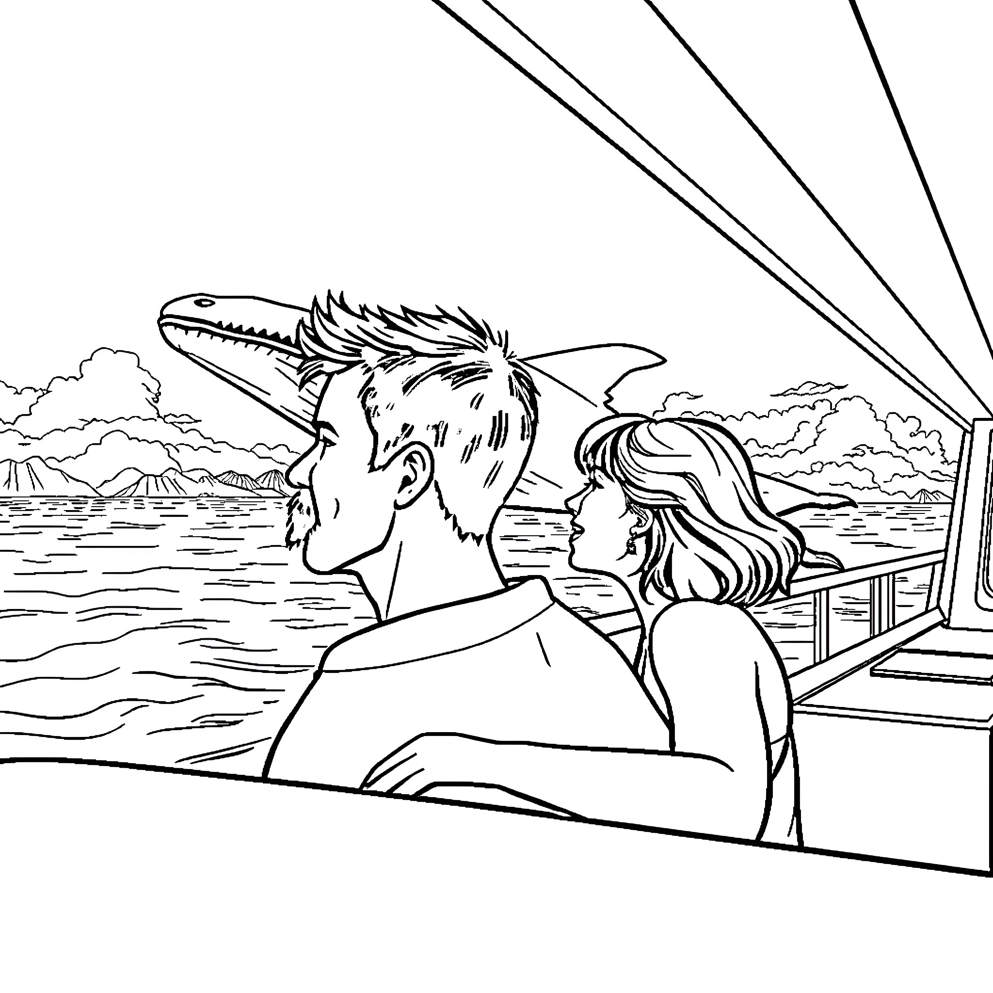 Man and Woman Enjoying a Boat Ride by the Sea Coloring Page (free black-and-white line drawing printable PDF for all, from beginners to advanced learners, including children, teens, adults, and seniors)