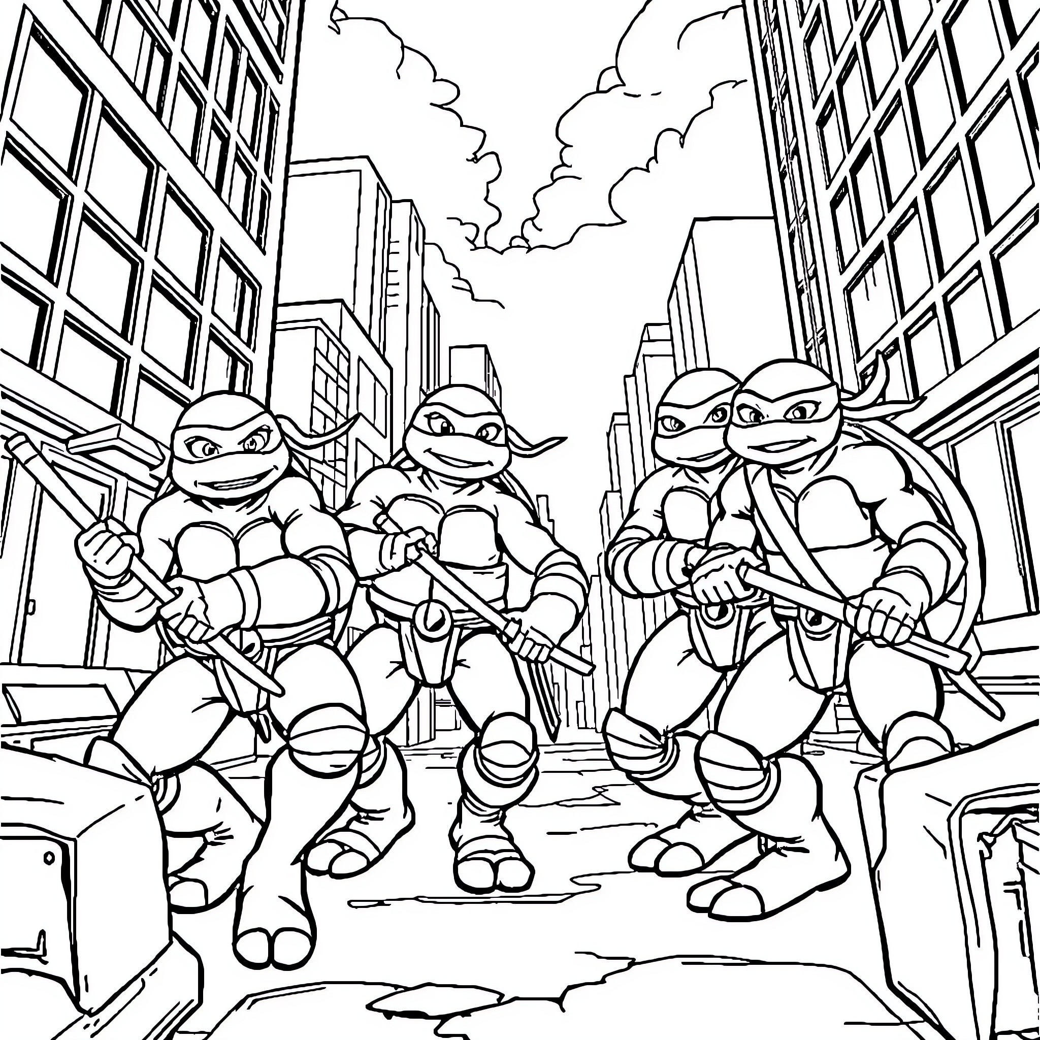 Ninja Turtles battling in the city streets Coloring Page (free black-and-white line drawing printable PDF for all, from beginners to advanced learners, including children, teens, adults, and seniors)