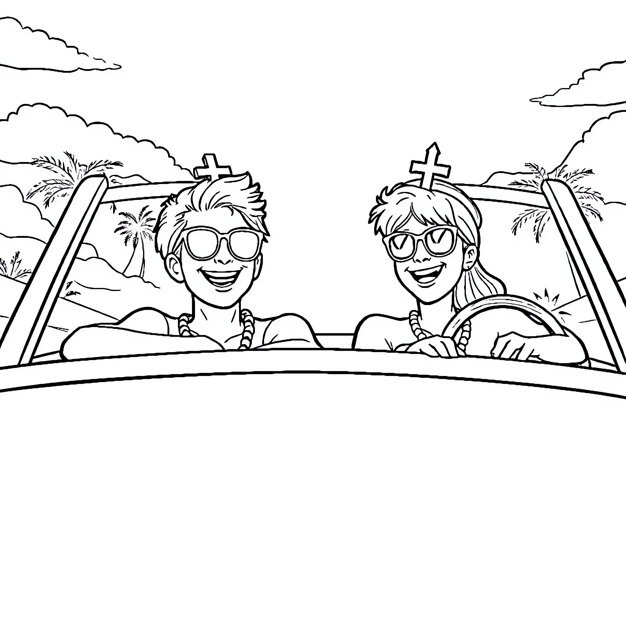 Holy Roller Road Trip of Joy and Faith Coloring Page (free black-and-white line drawing printable PDF for all, from beginners to advanced learners, including children, teens, adults, and seniors)
