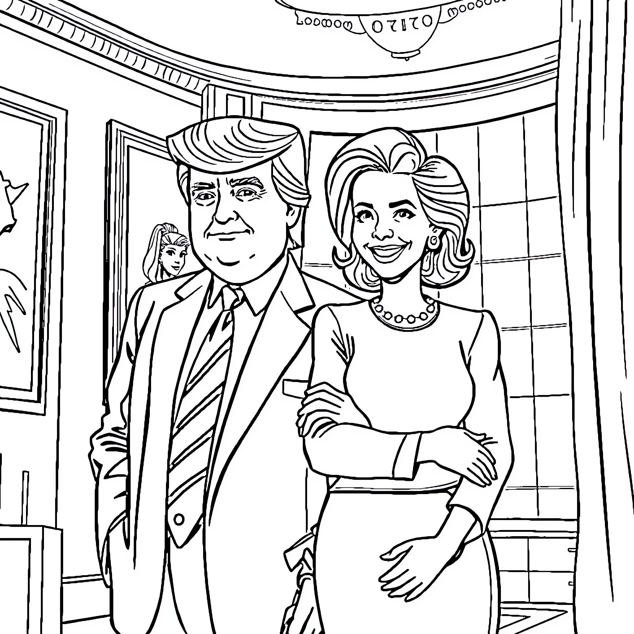 Donald Trump and Hillary Clinton in Formal Attire Coloring Page (free black-and-white line drawing printable PDF for all, from beginners to advanced learners, including children, teens, adults, and seniors)