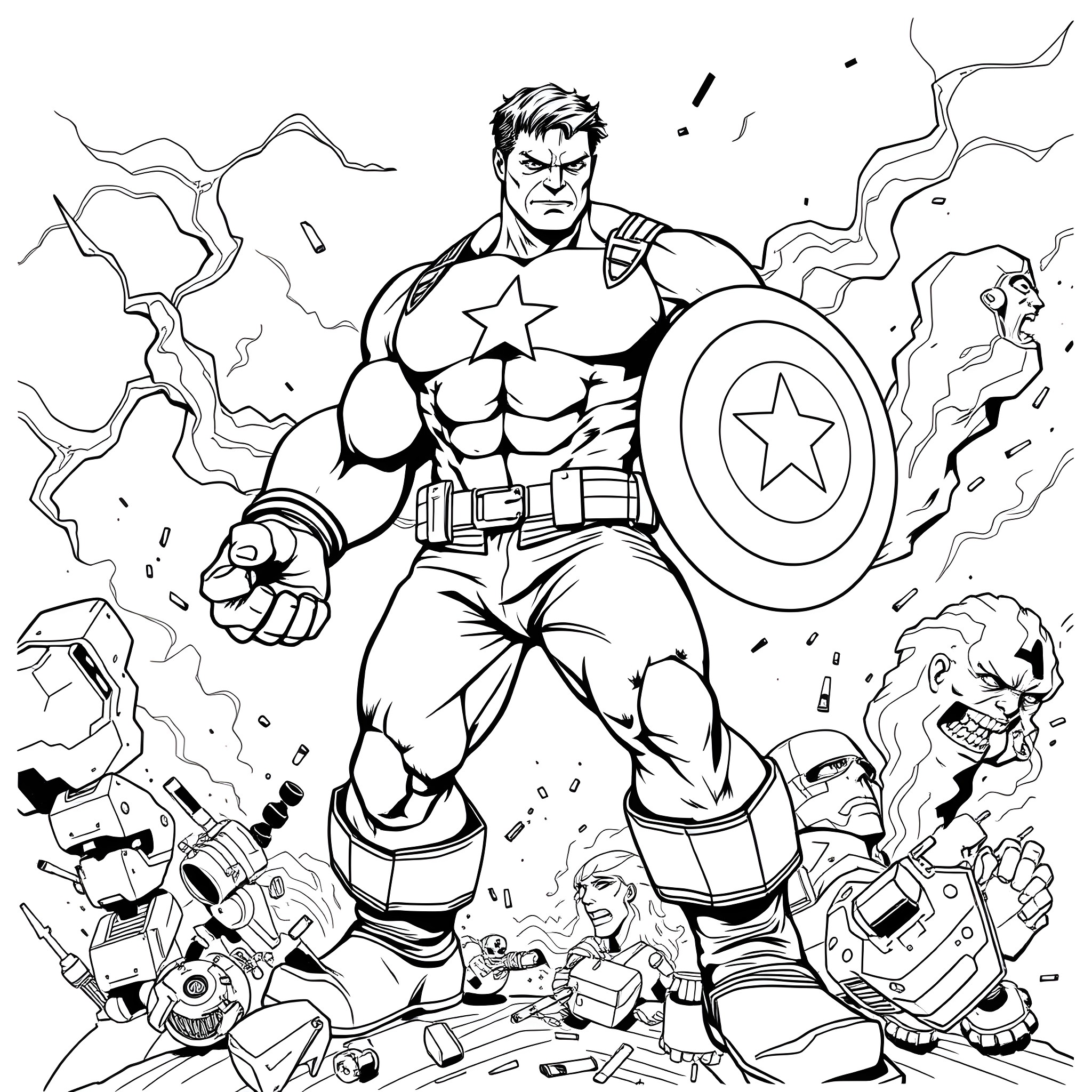 Hulk Captain America Fighting Supervillains in Dramatic Scene Coloring Page (free black-and-white line drawing printable PDF for all, from beginners to advanced learners, including children, teens, adults, and seniors)