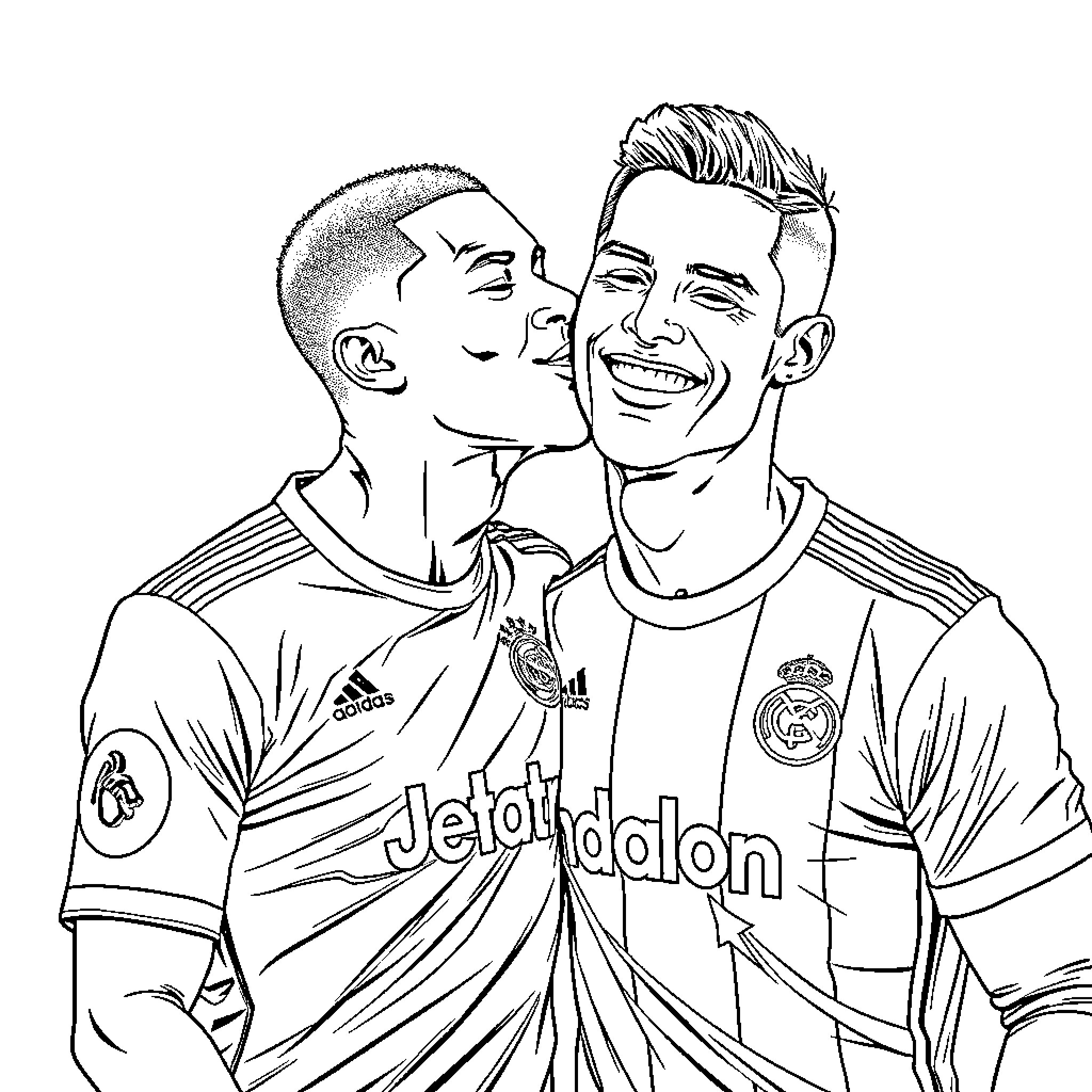 Mbappe and teammate sharing a joyful moment Coloring Page (free black-and-white line drawing printable PDF for all, from beginners to advanced learners, including children, teens, adults, and seniors)