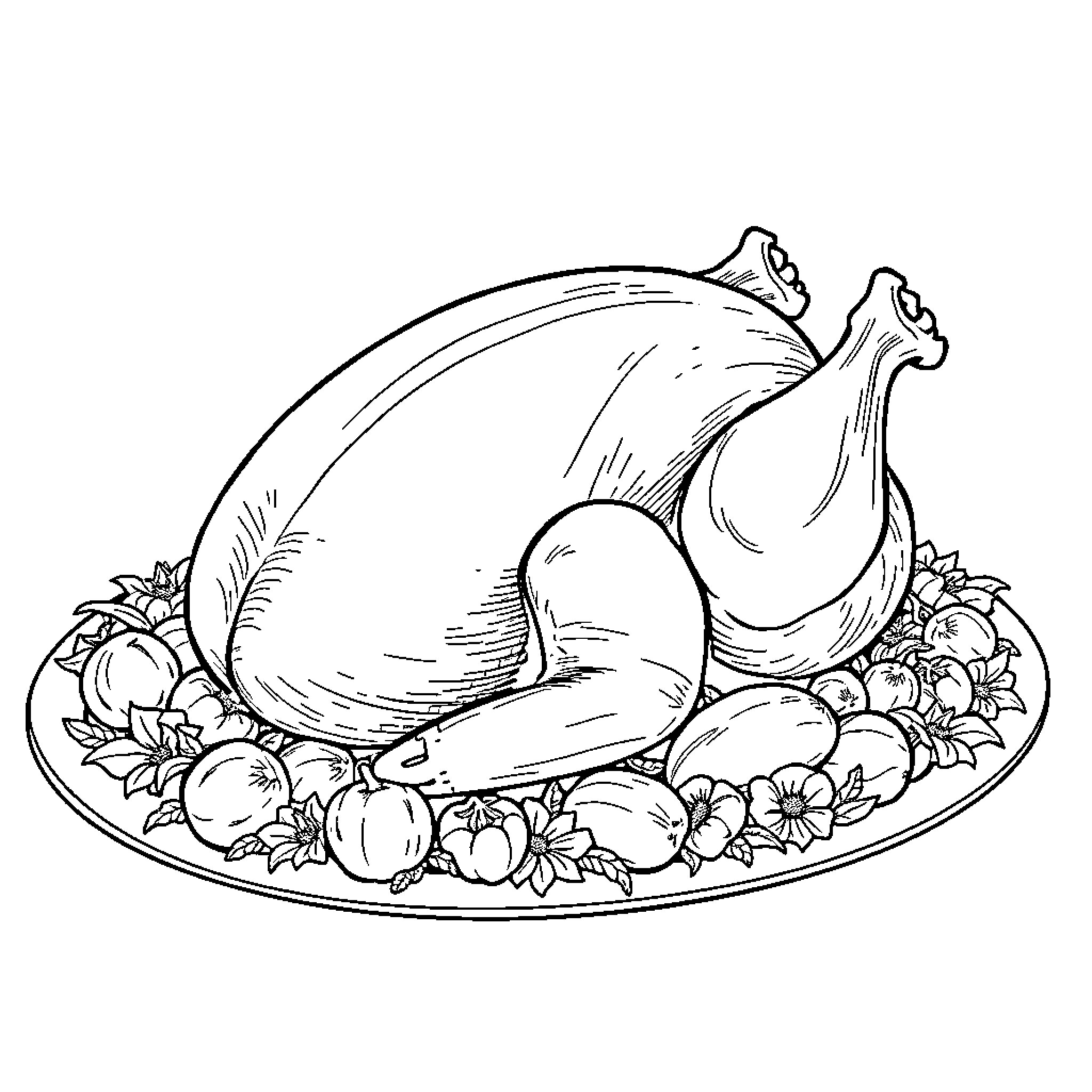 Turkey roasted on a festive platter with veggies Coloring Page (free black-and-white line drawing printable PDF for all, from beginners to advanced learners, including children, teens, adults, and seniors)