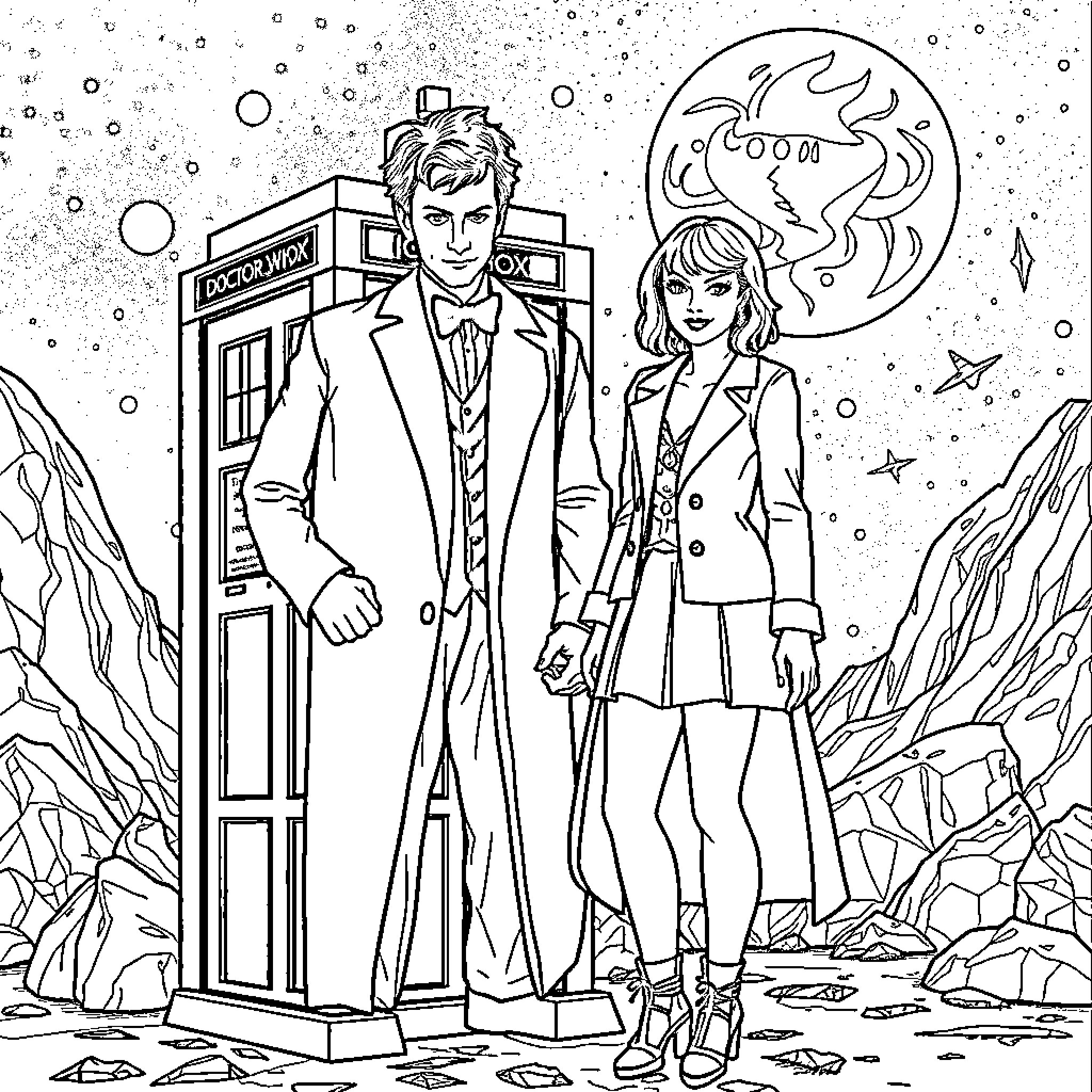 Taylor Swift and the Doctor in an Alien Landscape Coloring Page (free black-and-white line drawing printable PDF for all, from beginners to advanced learners, including children, teens, adults, and seniors)