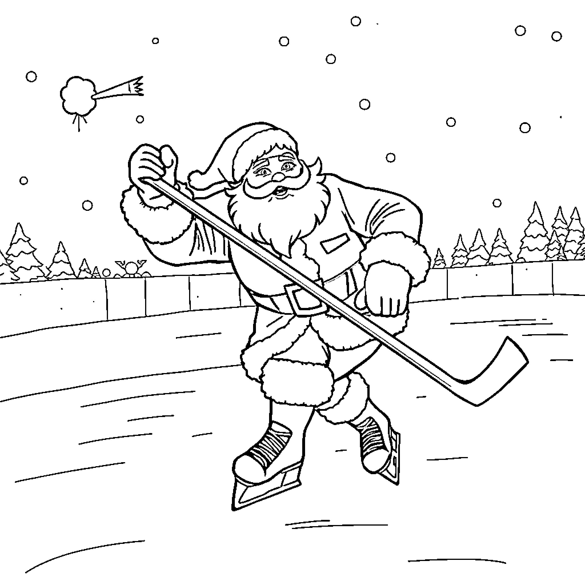 Santa playing hockey on snowy rink Coloring Page (free black-and-white line drawing printable PDF for all, from beginners to advanced learners, including children, teens, adults, and seniors)