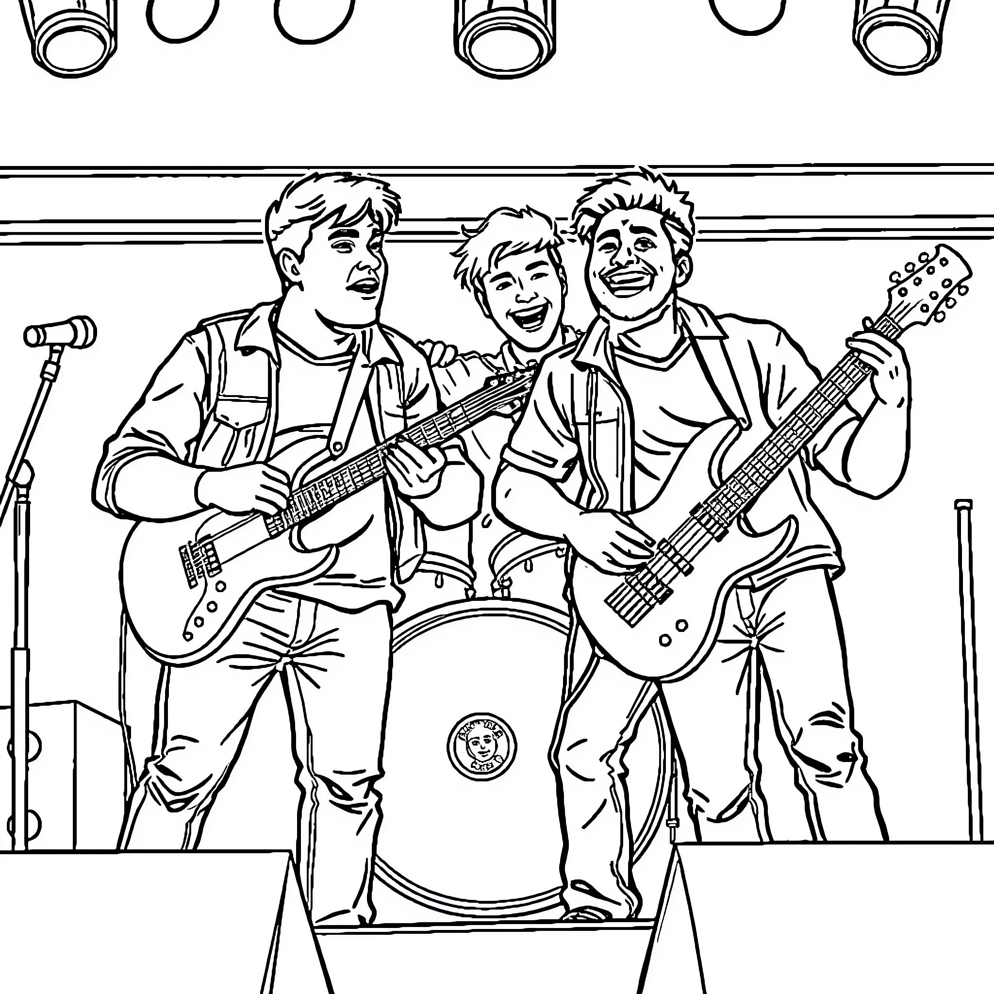 Band performing on stage with guitars and drums Coloring Page (free black-and-white line drawing printable PDF for all, from beginners to advanced learners, including children, teens, adults, and seniors)