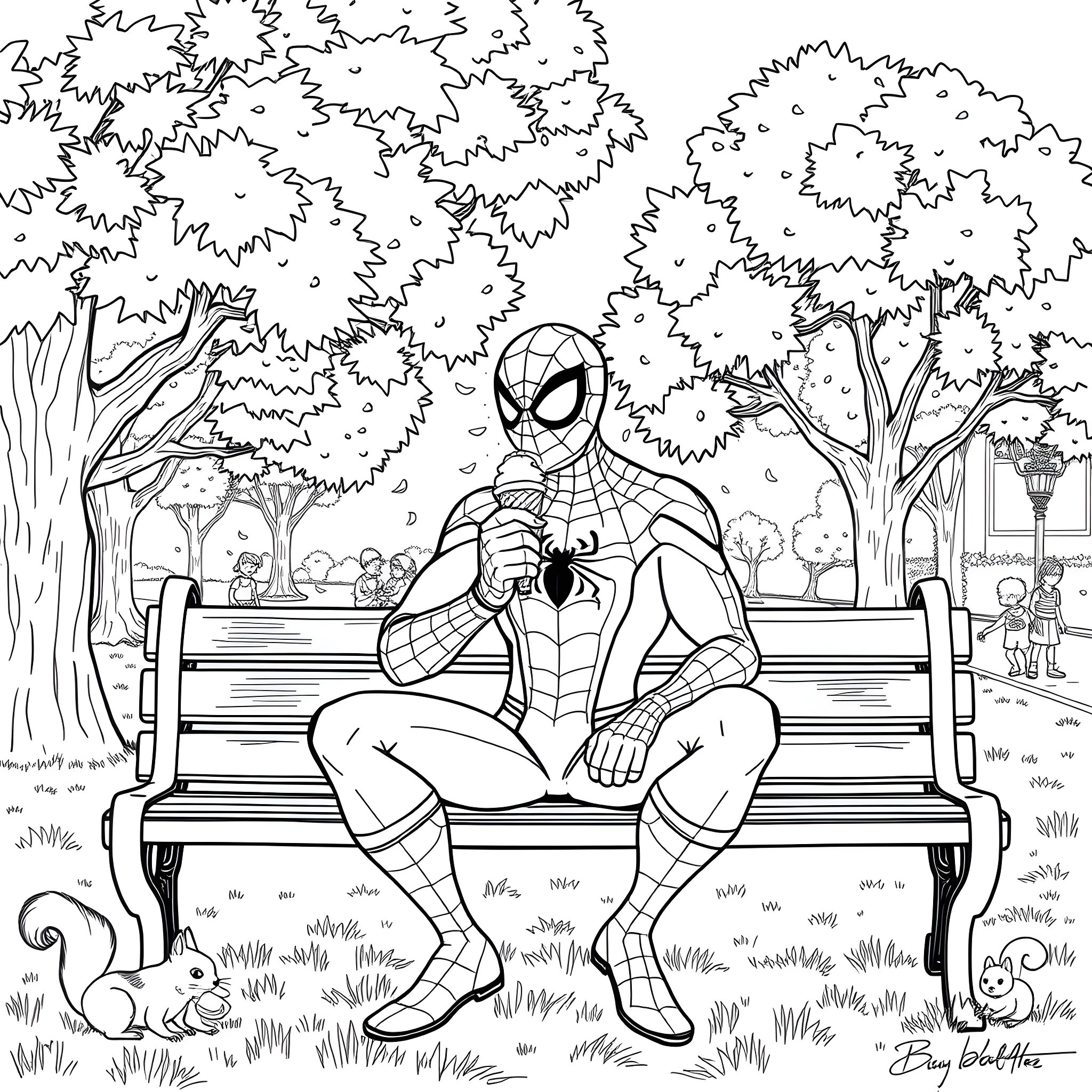 Spiderman resting on a park bench with wildlife Coloring Page (free black-and-white line drawing printable PDF for all, from beginners to advanced learners, including children, teens, adults, and seniors)