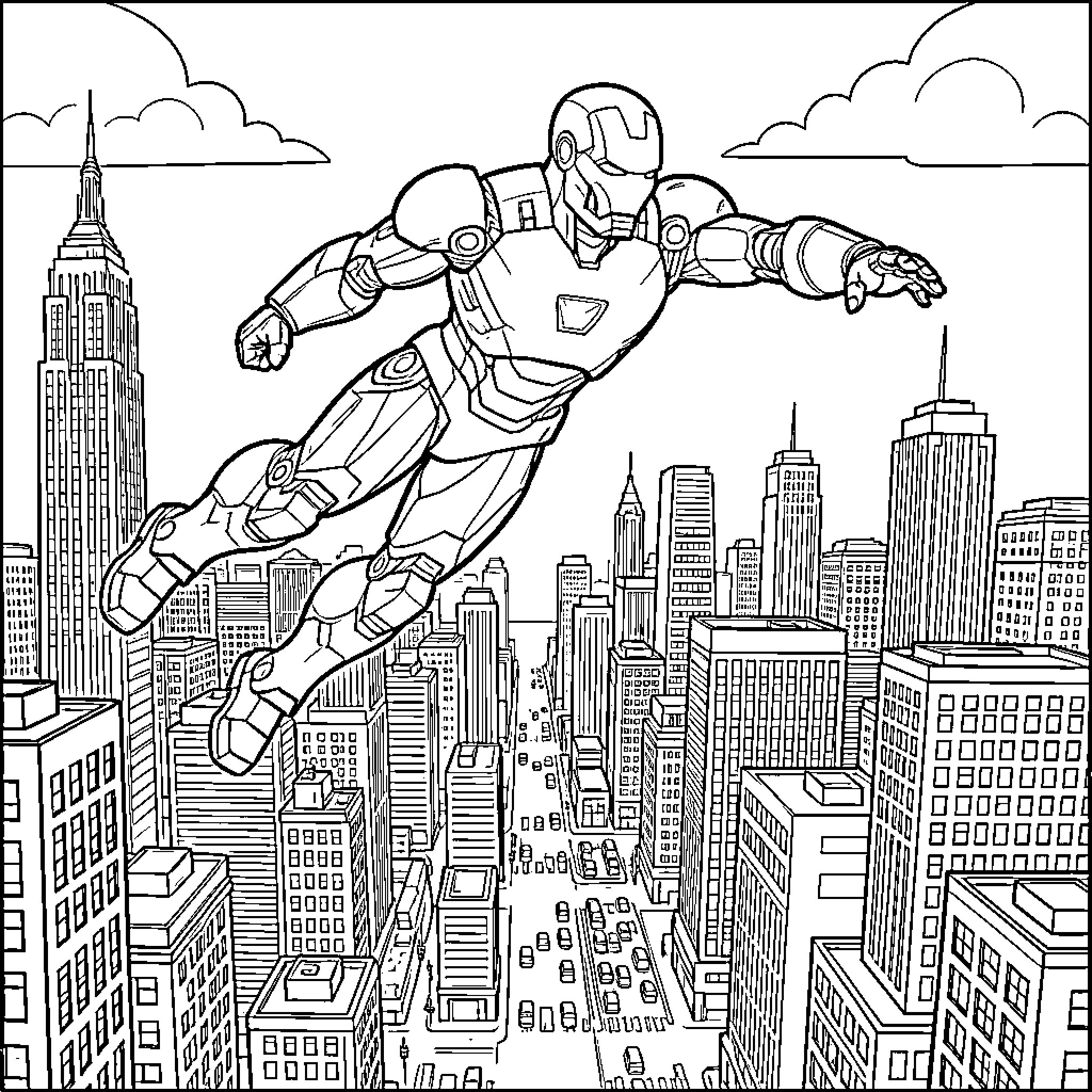 Iron Man soaring over the city skyline Coloring Page (free black-and-white line drawing printable PDF for all, from beginners to advanced learners, including children, teens, adults, and seniors)