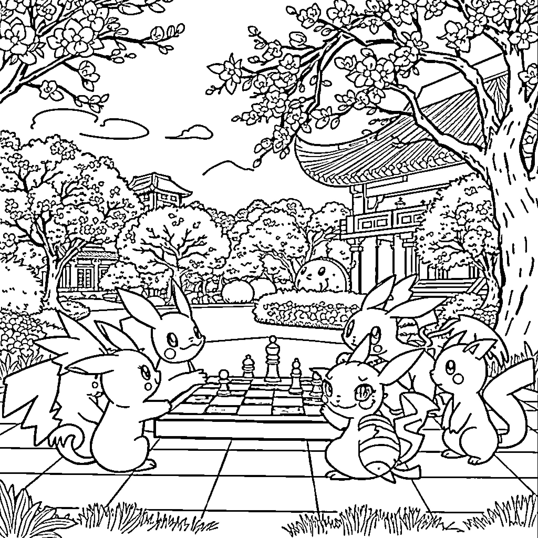 Pokémon characters playing chess in a traditional Japanese garden Coloring Page (free black-and-white line drawing printable PDF for all, from beginners to advanced learners, including children, teens, adults, and seniors)