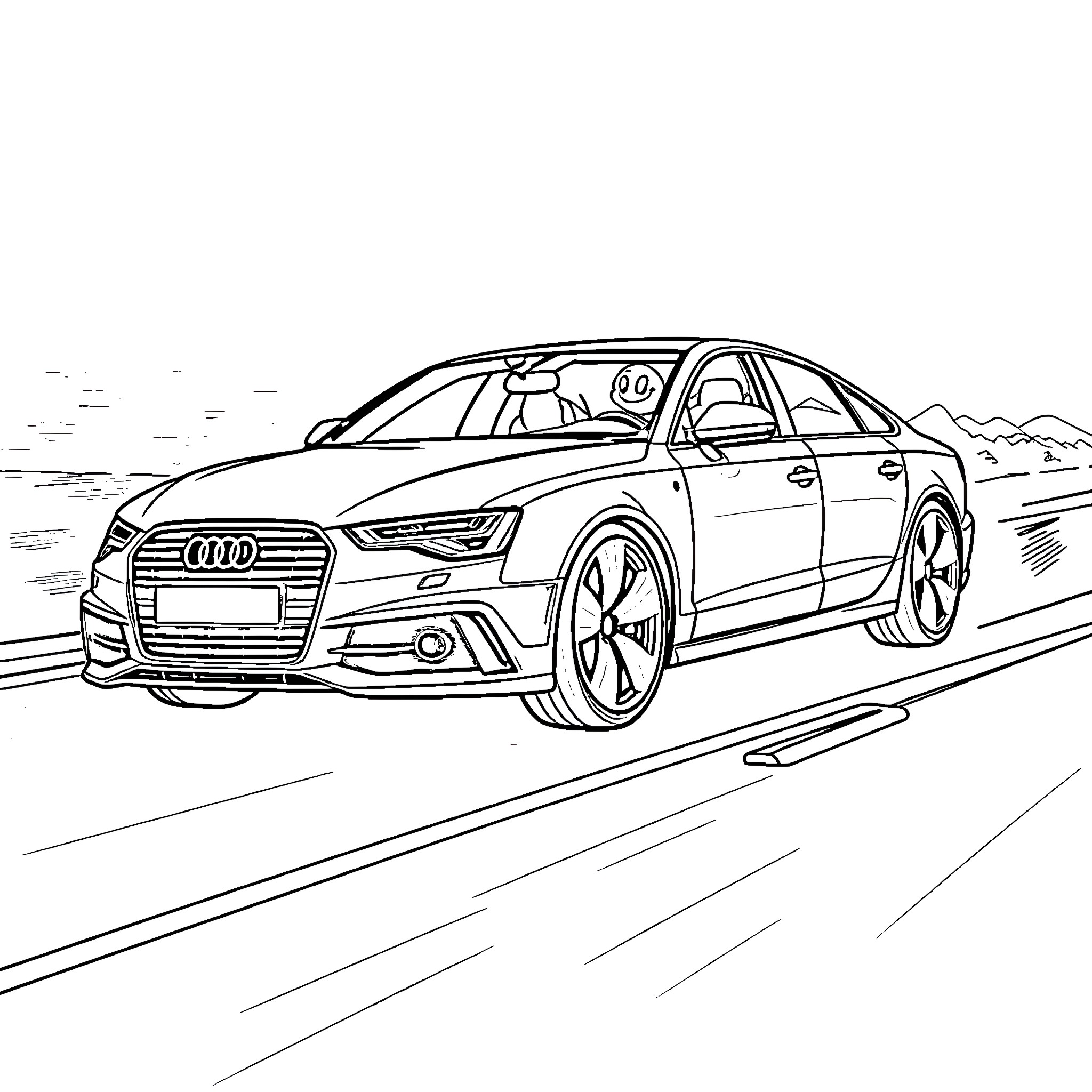Audi sports car speeding down the road Coloring Page (free black-and-white line drawing printable PDF for all, from beginners to advanced learners, including children, teens, adults, and seniors)