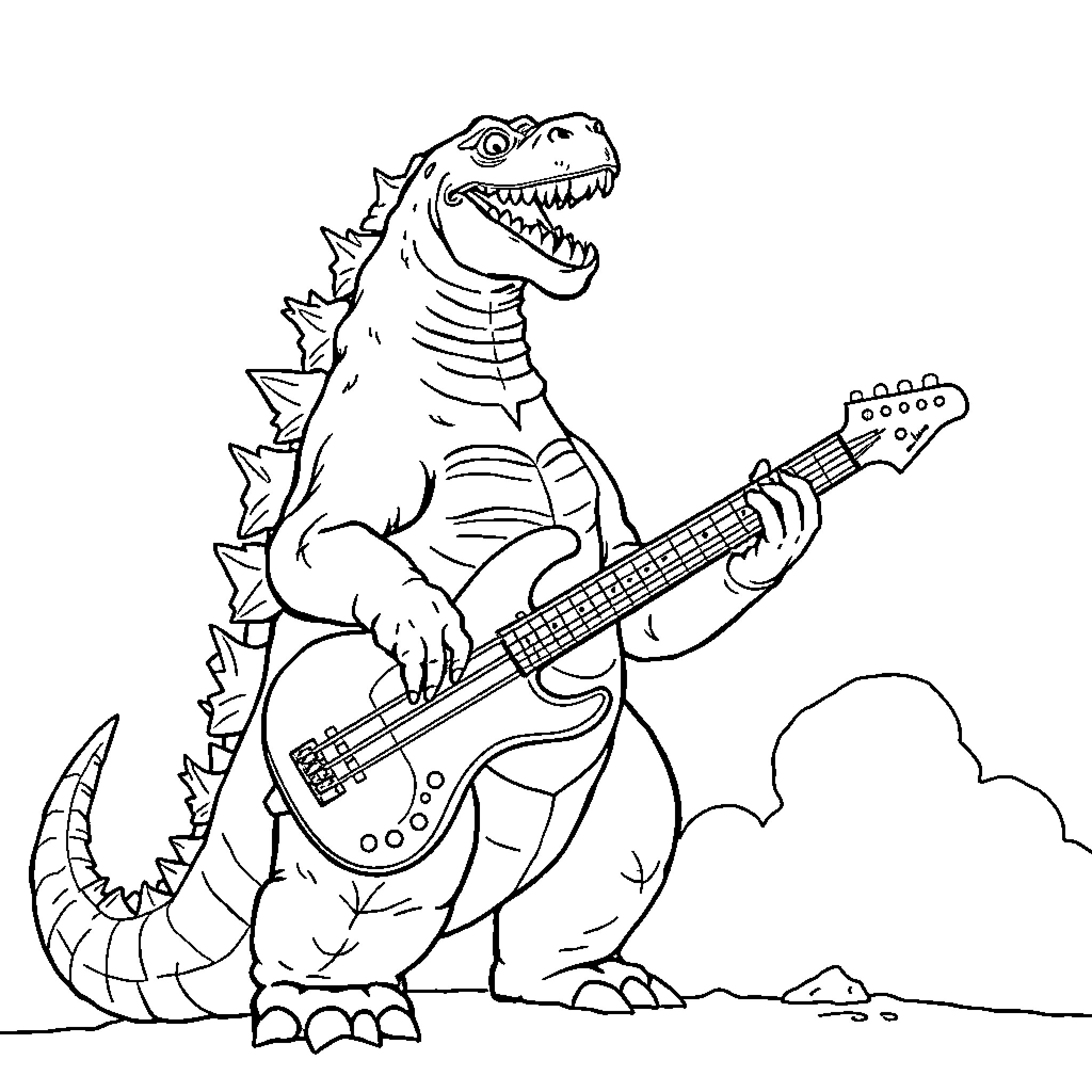 Godzilla playing an electric guitar in the wilderness Coloring Page (free black-and-white line drawing printable PDF for all, from beginners to advanced learners, including children, teens, adults, and seniors)