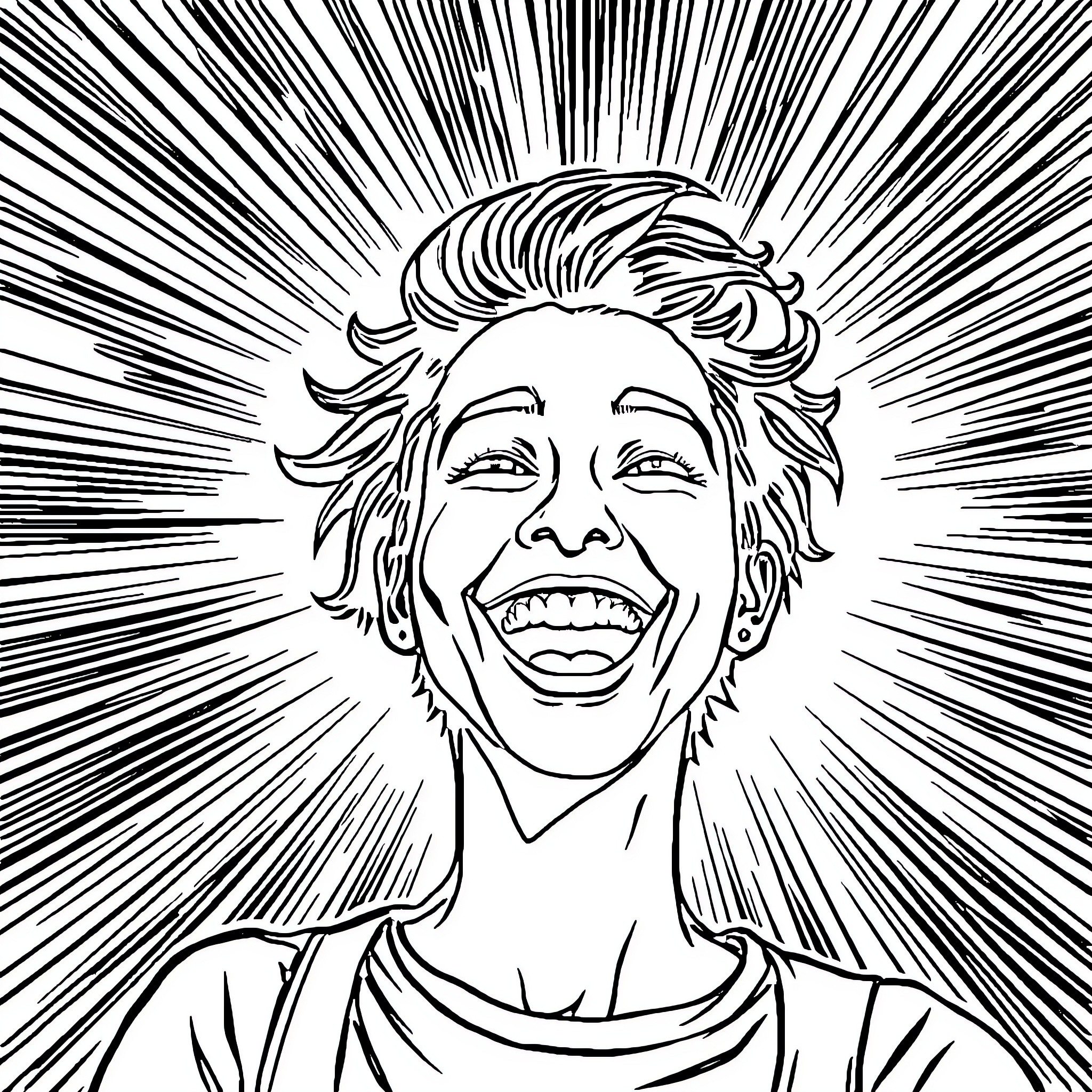 Happiness radiating from a joyful expression Coloring Page (free black-and-white line drawing printable PDF for all, from beginners to advanced learners, including children, teens, adults, and seniors)