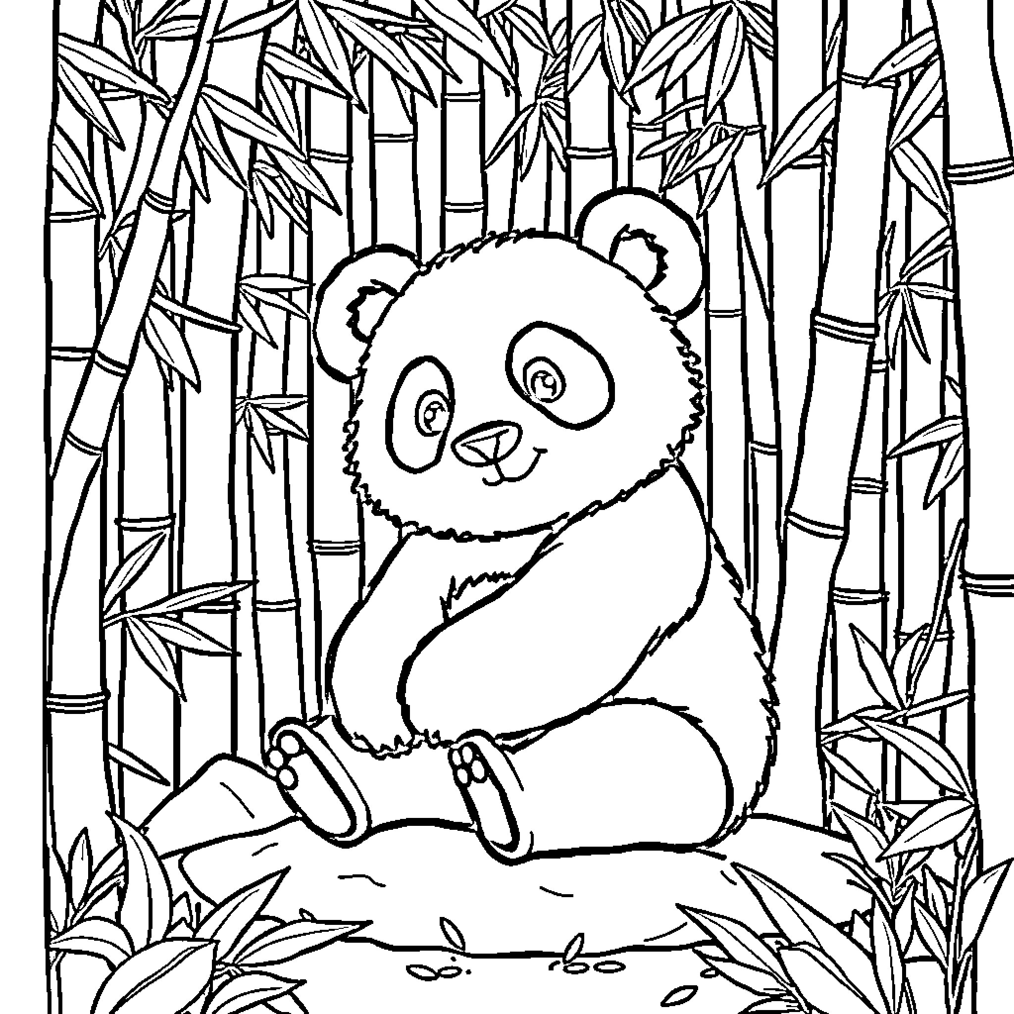 Panda relaxing in bamboo forest Coloring Page (free black-and-white line drawing printable PDF for all, from beginners to advanced learners, including children, teens, adults, and seniors)