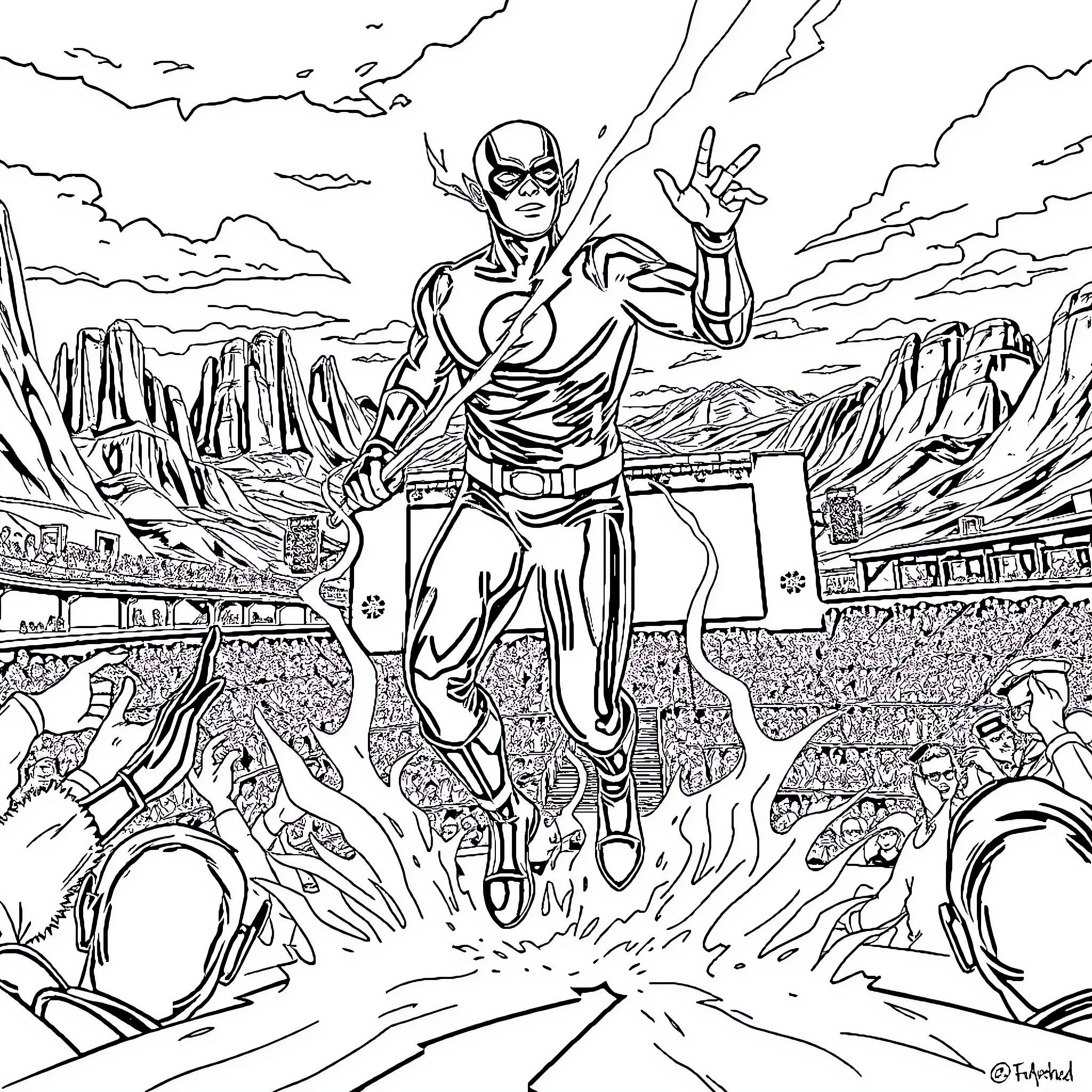 Flash racing through the desert in heroic action Coloring Page (free black-and-white line drawing printable PDF for all, from beginners to advanced learners, including children, teens, adults, and seniors)