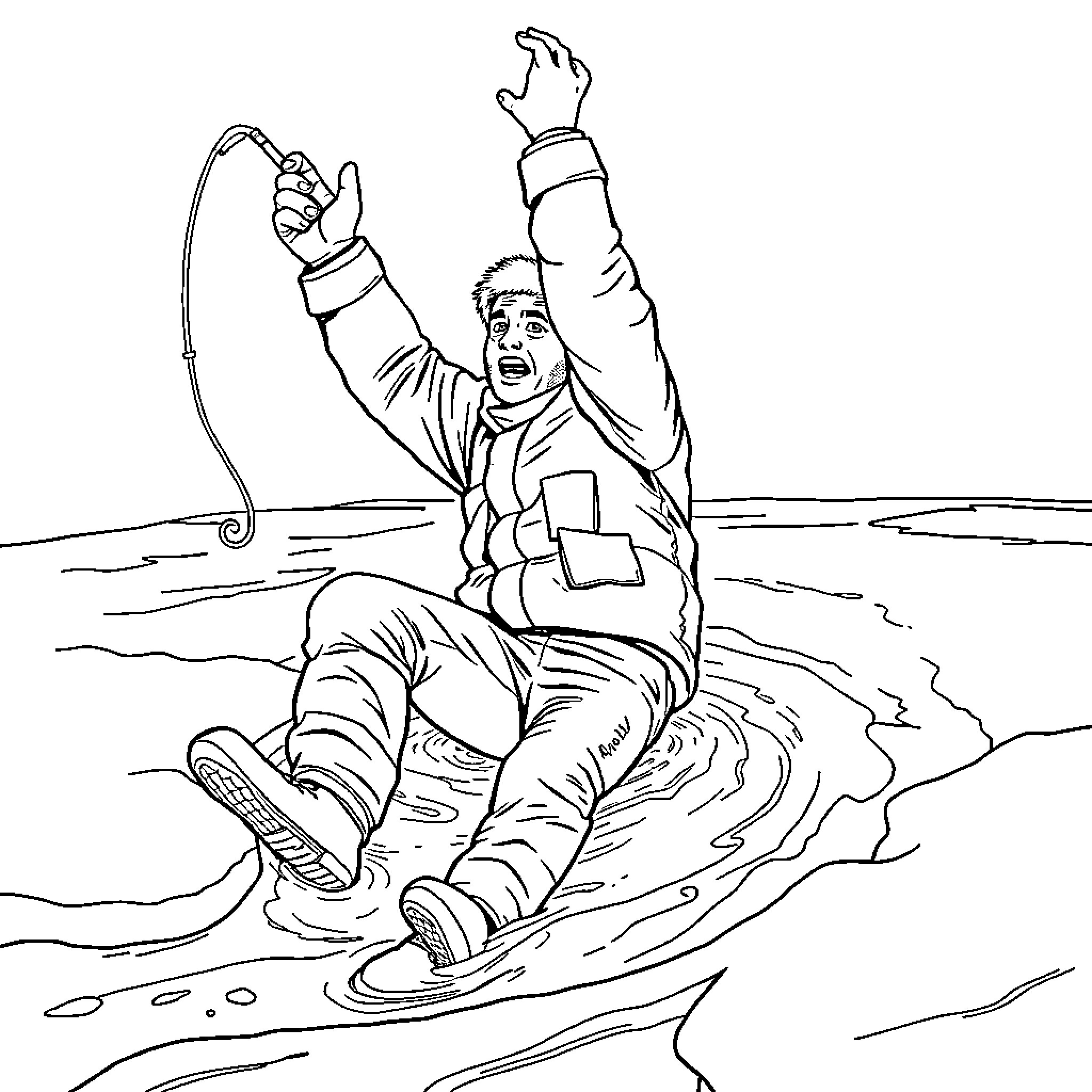 Man excitedly water skiing on a lake Coloring Page (free black-and-white line drawing printable PDF for all, from beginners to advanced learners, including children, teens, adults, and seniors)