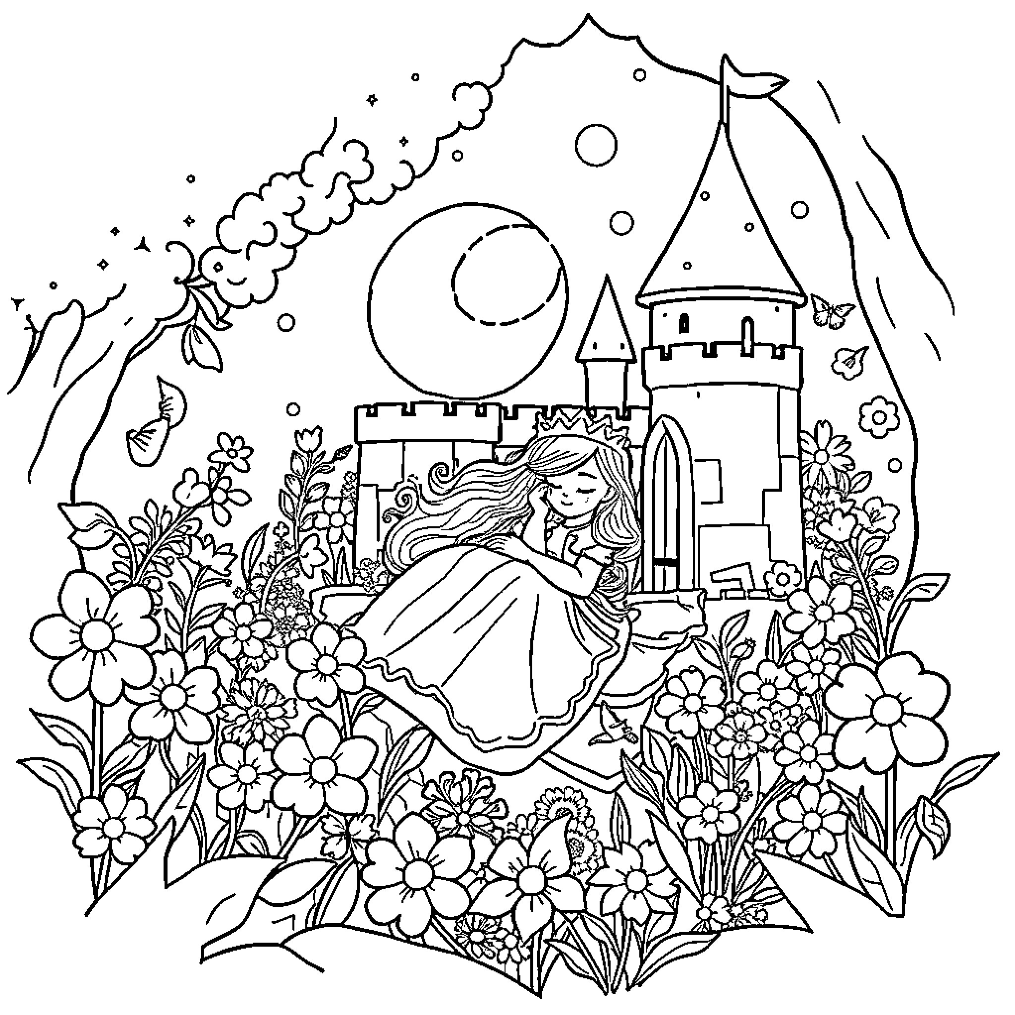 Sleeping Beauty dreaming of a magical castle in the woods Coloring Page (free black-and-white line drawing printable PDF for all, from beginners to advanced learners, including children, teens, adults, and seniors)