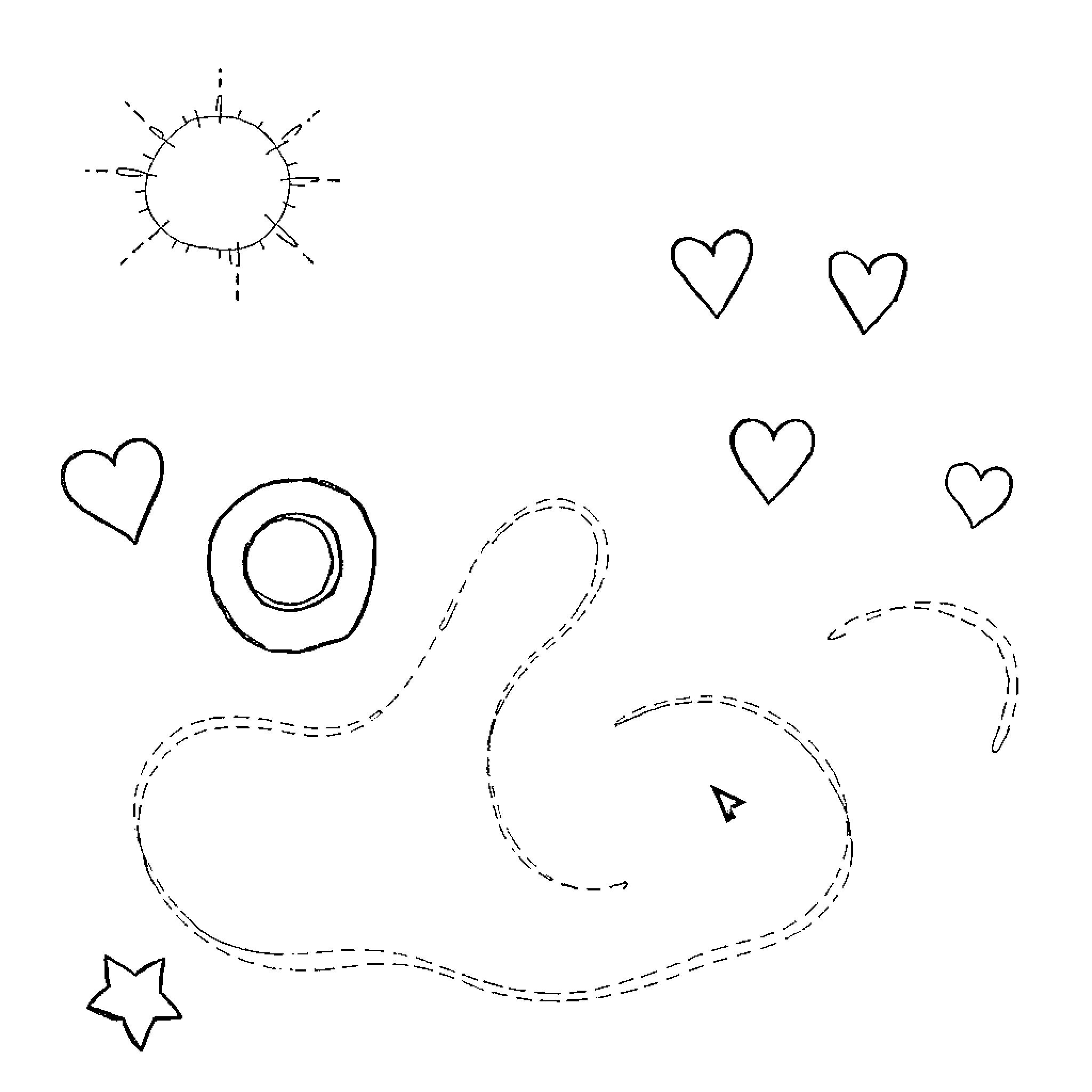 Tracing whimsical shapes and symbols Coloring Page (free black-and-white line drawing printable PDF for all, from beginners to advanced learners, including children, teens, adults, and seniors)