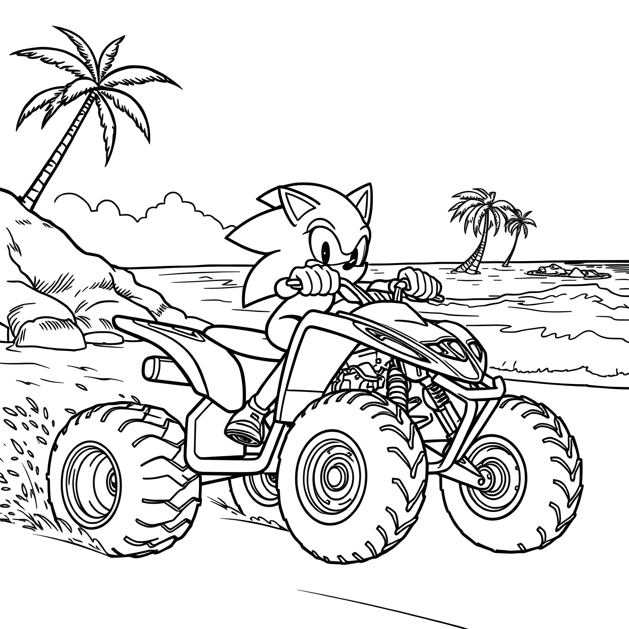 Sonic's Thrilling ATV Adventure on the Beach Coloring Page (free black-and-white line drawing printable PDF for all, from beginners to advanced learners, including children, teens, adults, and seniors)