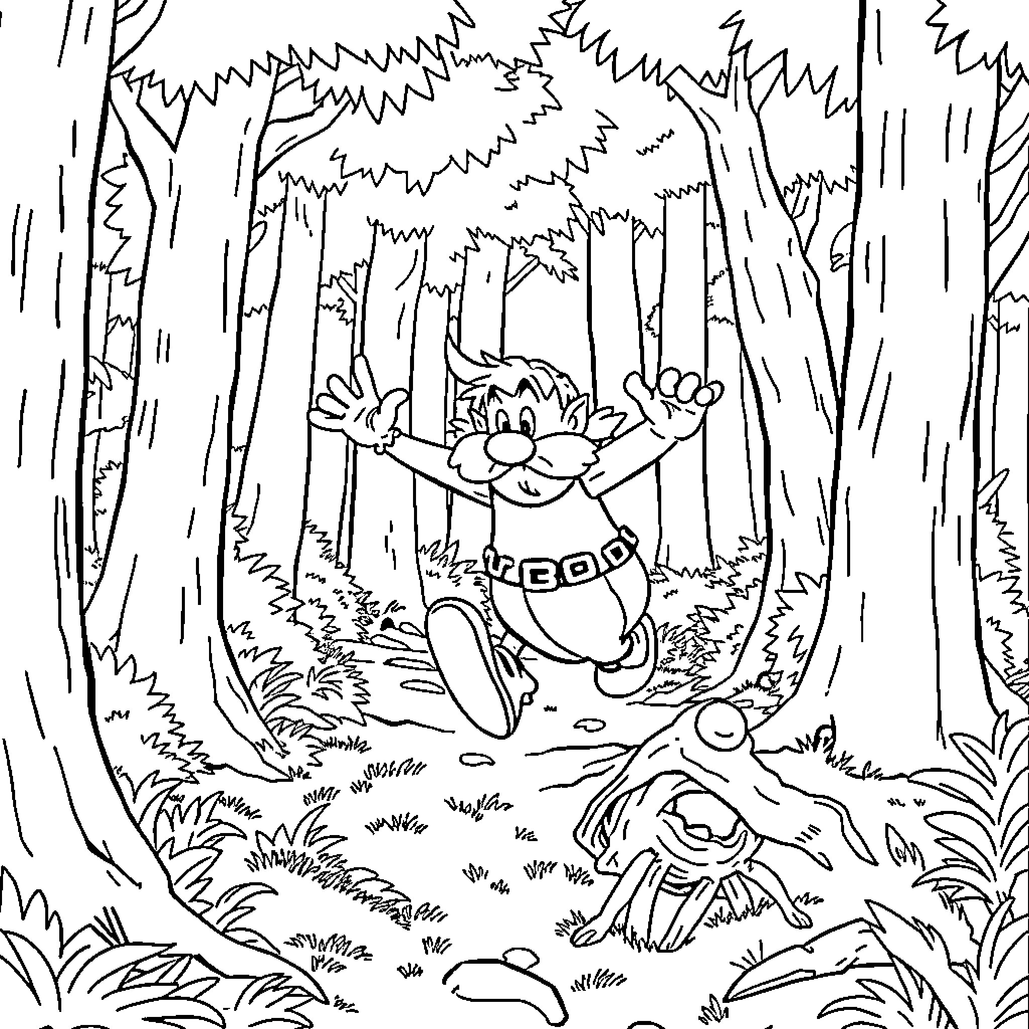 Asterix exploring the enchanted forest with Obelix Coloring Page (free black-and-white line drawing printable PDF for all, from beginners to advanced learners, including children, teens, adults, and seniors)