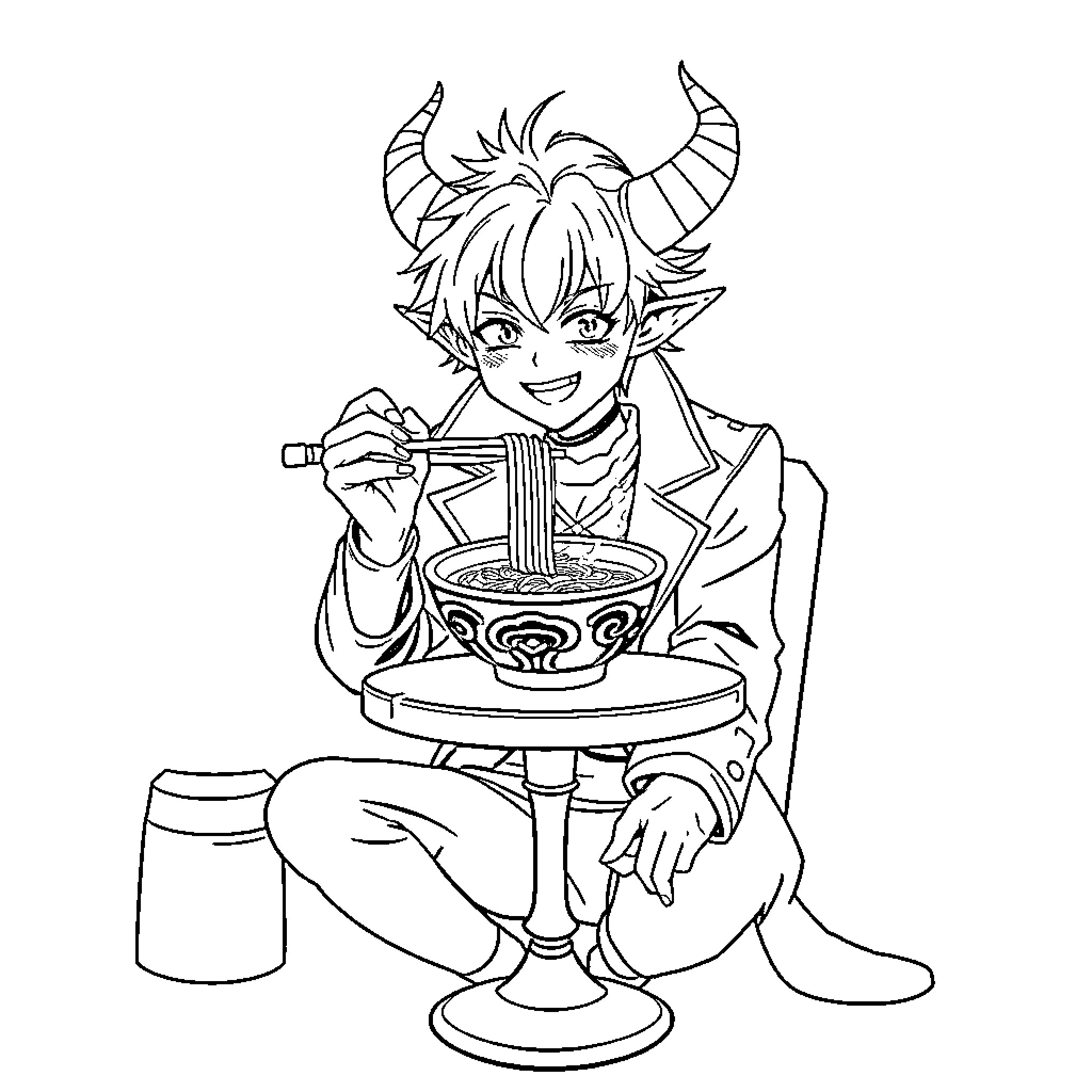 Demon Hunter Enjoying Noodles with Enthusiasm Coloring Page (free black-and-white line drawing printable PDF for all, from beginners to advanced learners, including children, teens, adults, and seniors)
