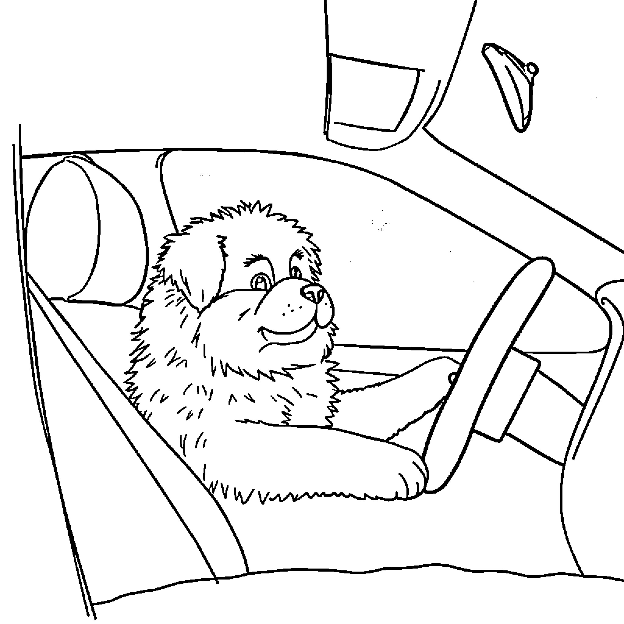 Dog driving a car happily Coloring Page (free black-and-white line drawing printable PDF for all, from beginners to advanced learners, including children, teens, adults, and seniors)