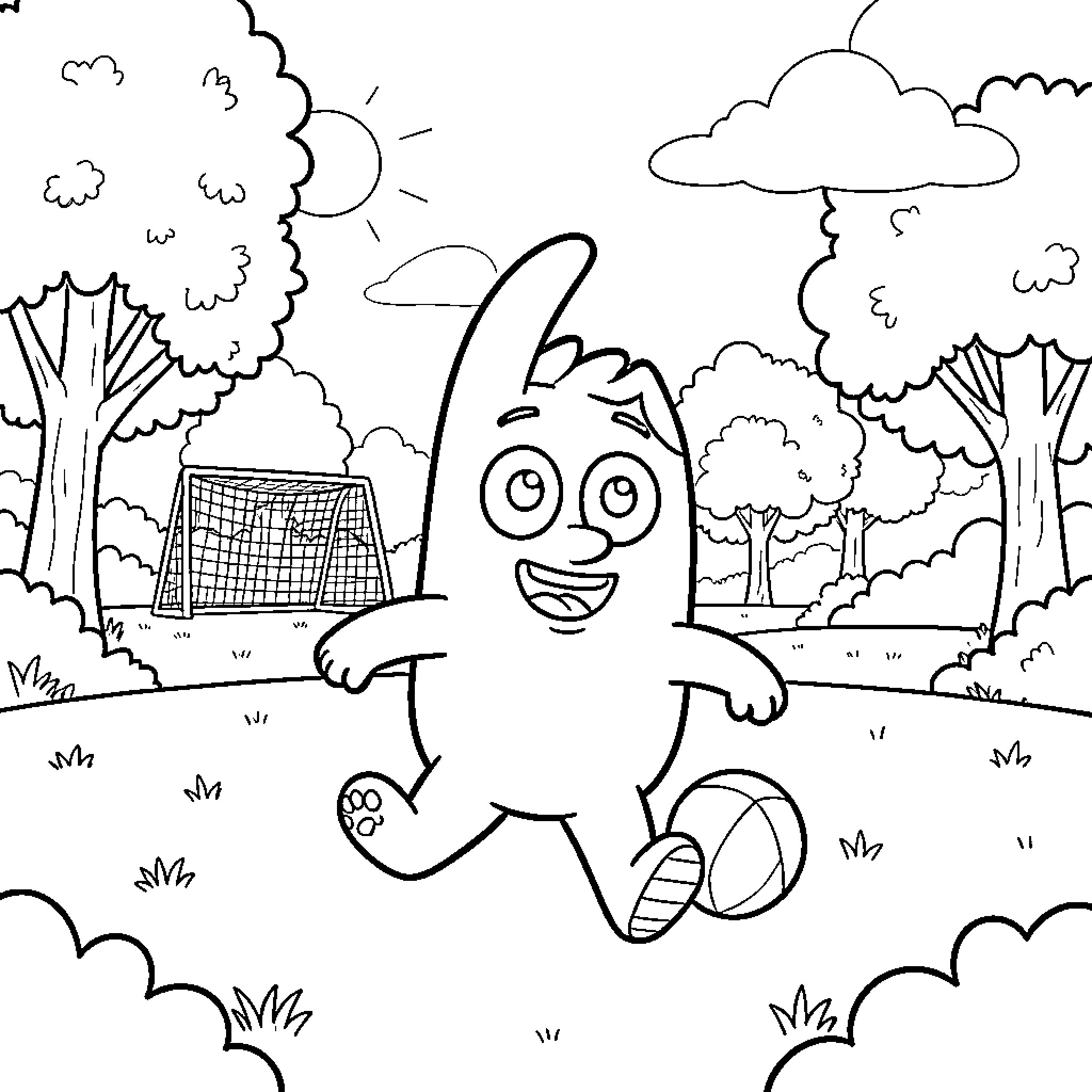 Bluey playing happily in the park Coloring Page (free black-and-white line drawing printable PDF for all, from beginners to advanced learners, including children, teens, adults, and seniors)