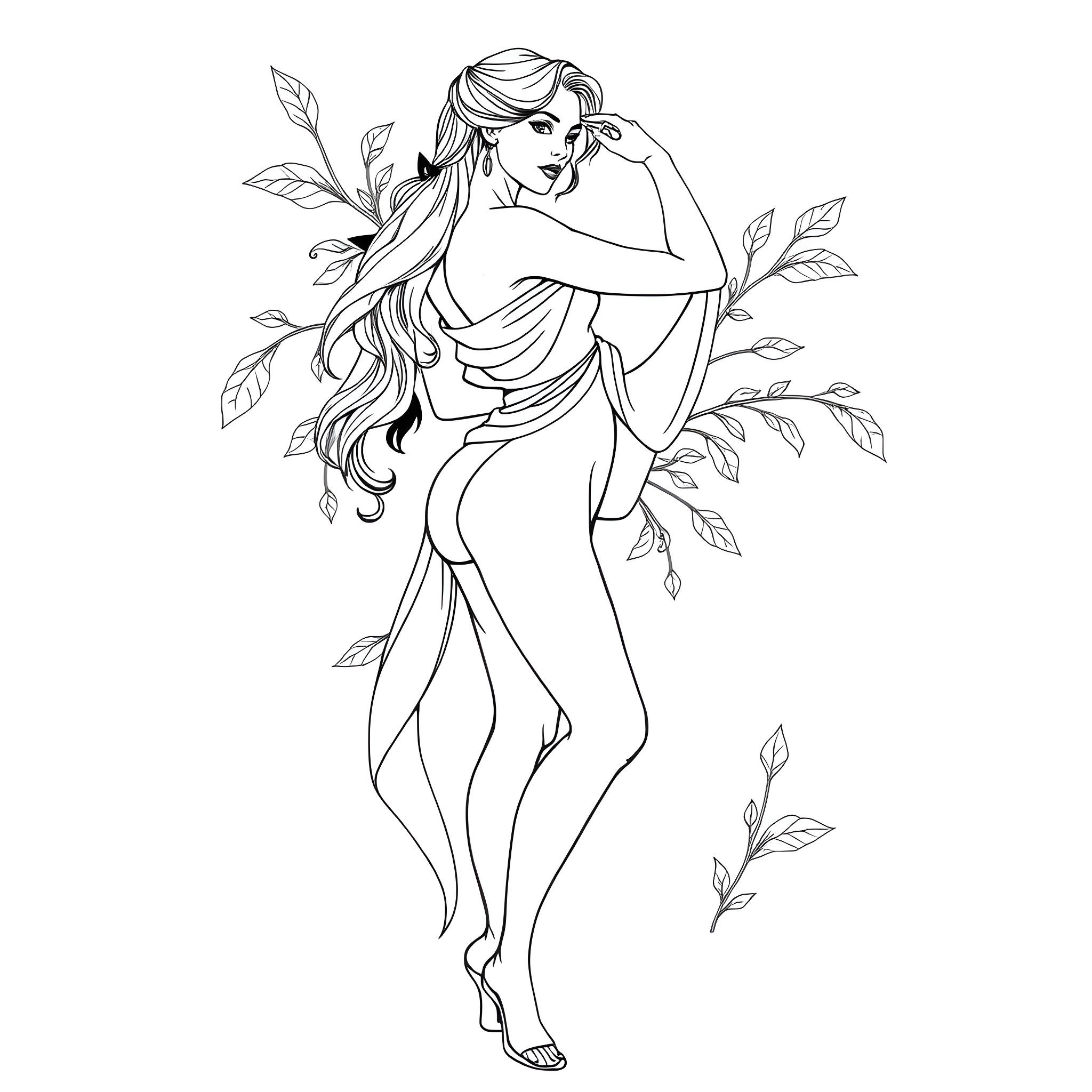 Woman in flowing dress embracing nature Coloring Page (free black-and-white line drawing printable PDF for all, from beginners to advanced learners, including children, teens, adults, and seniors)