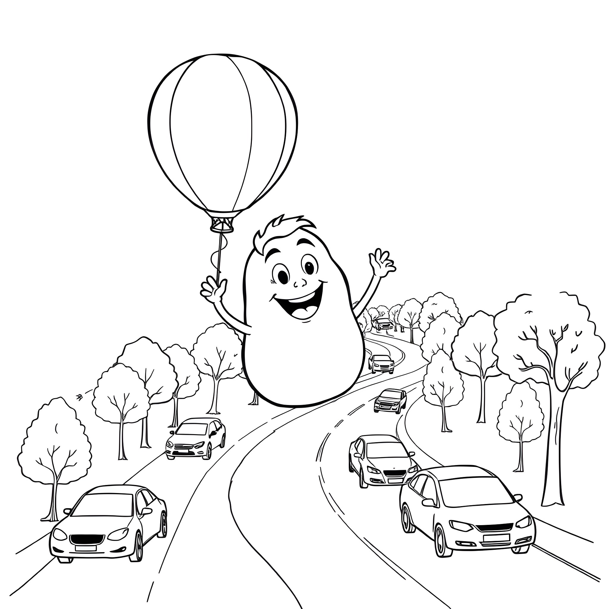 Mr Potato floating with balloon on busy road Coloring Page (free black-and-white line drawing printable PDF for all, from beginners to advanced learners, including children, teens, adults, and seniors)