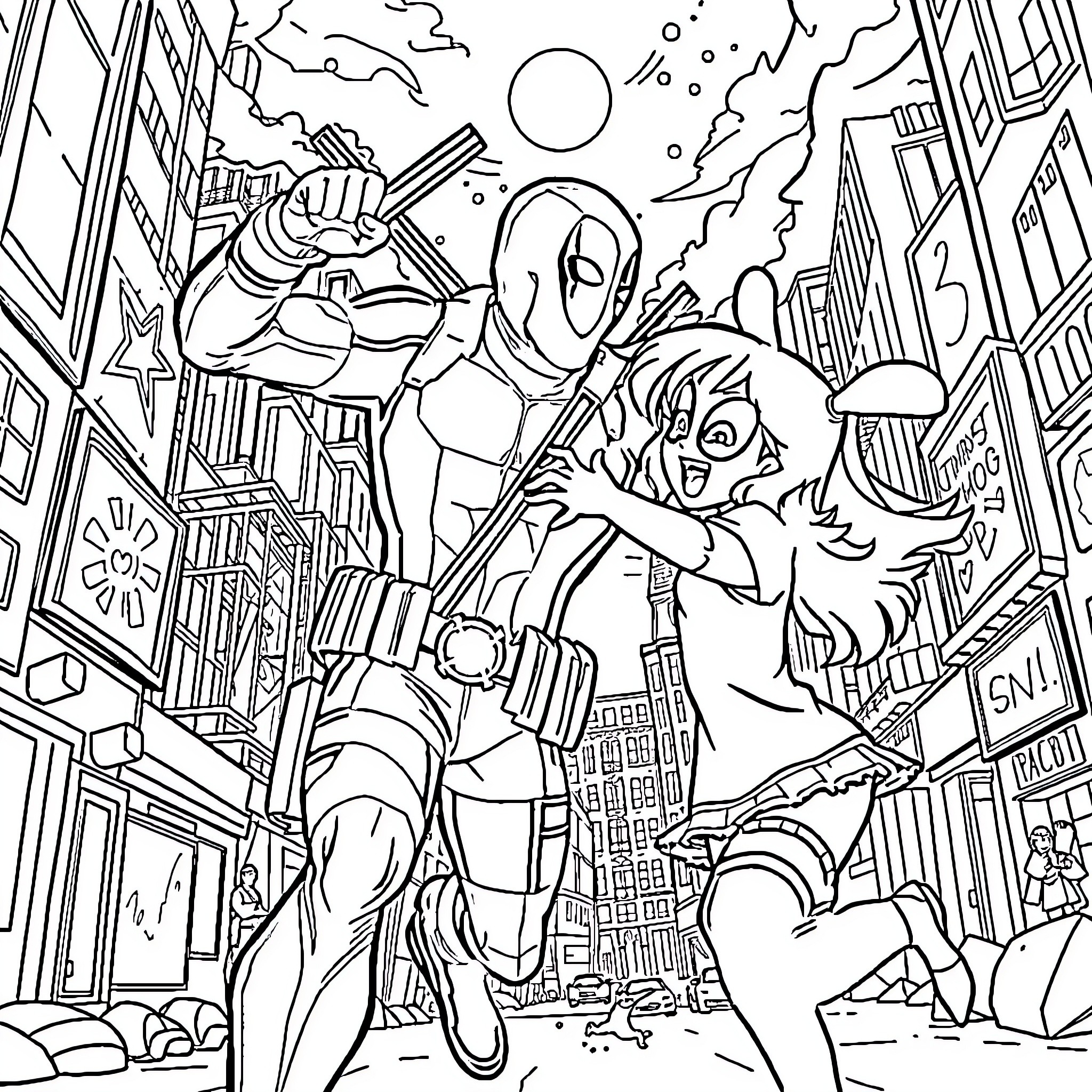 Bitsy's Superhero Adventure in the City Coloring Page (free black-and-white line drawing printable PDF for all, from beginners to advanced learners, including children, teens, adults, and seniors)