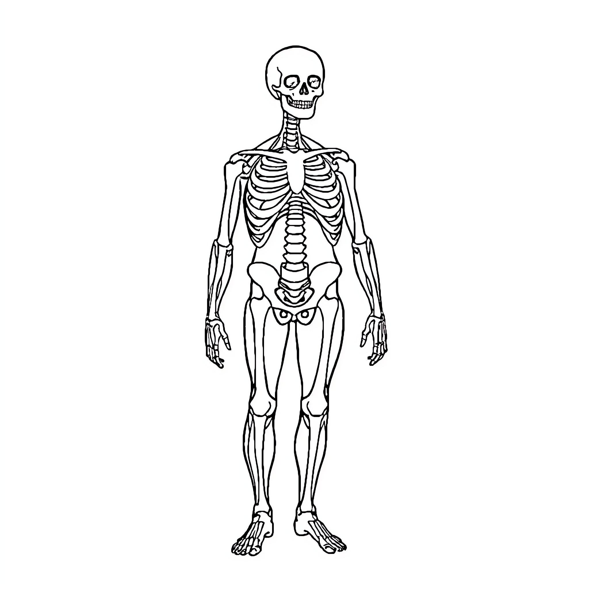 Skeleton in anatomical stance Coloring Page (free black-and-white line drawing printable PDF for all, from beginners to advanced learners, including children, teens, adults, and seniors)