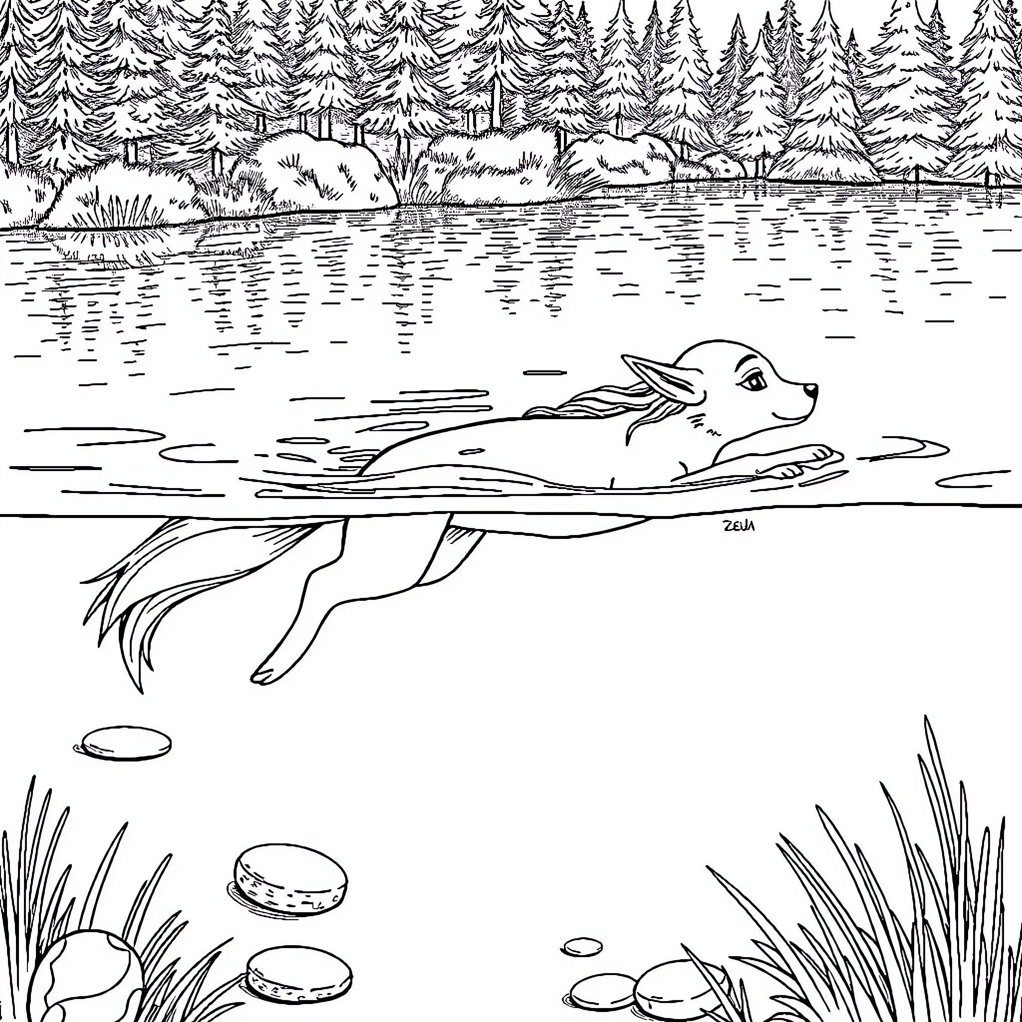 Zelda's Lakeside Adventure Coloring Page (free black-and-white line drawing printable PDF for all, from beginners to advanced learners, including children, teens, adults, and seniors)