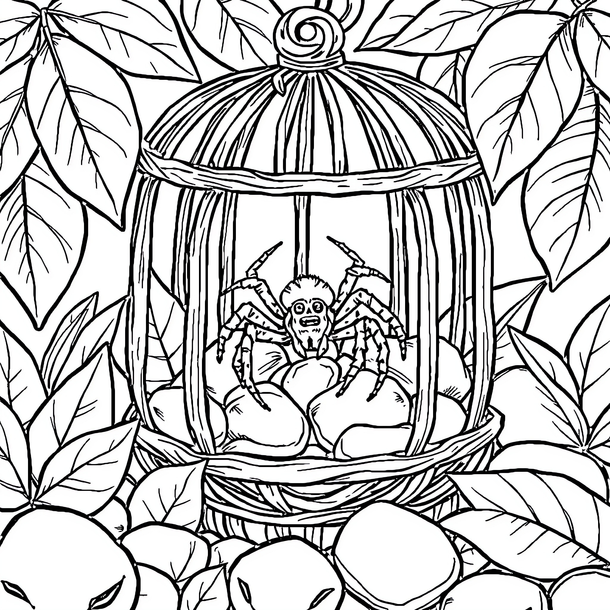 Spider trapped in a cage in the wilderness Coloring Page (free black-and-white line drawing printable PDF for all, from beginners to advanced learners, including children, teens, adults, and seniors)