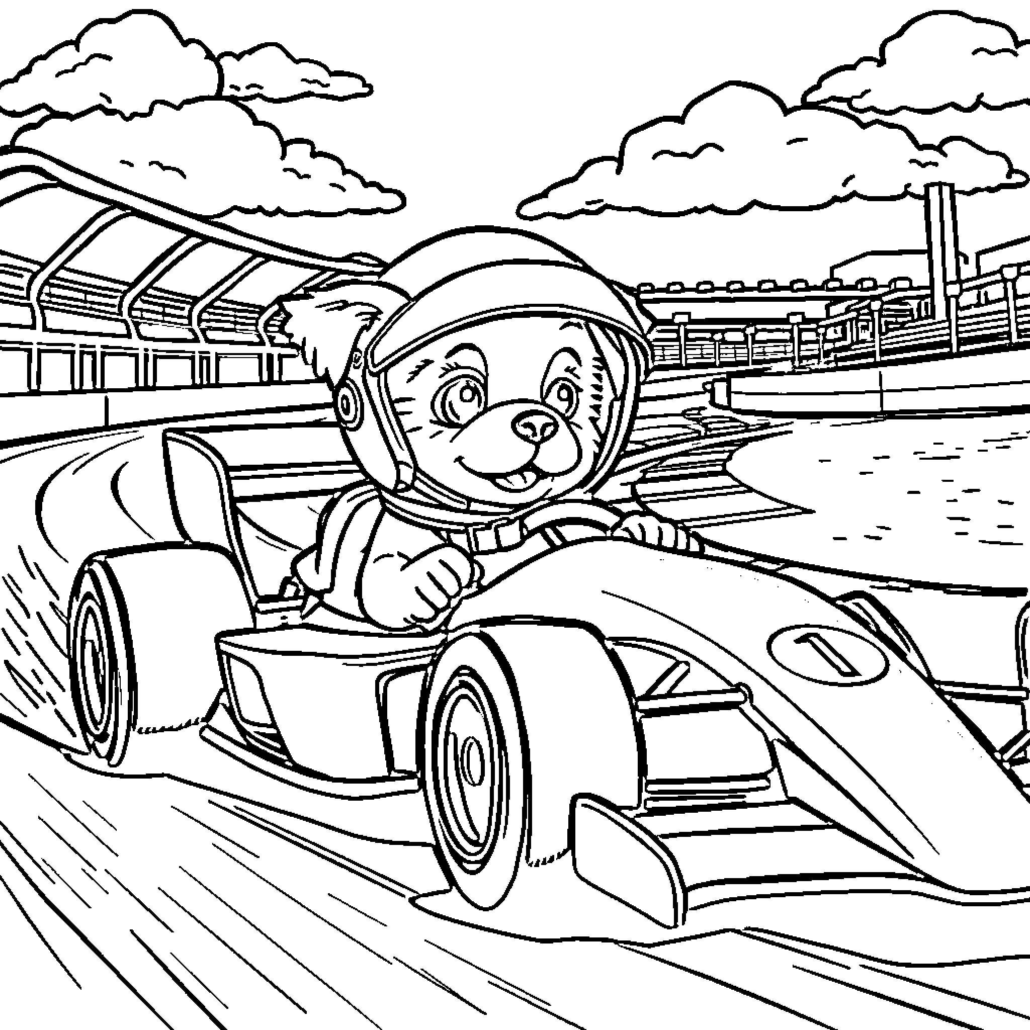 Dog Driving a Race Car on the Track Coloring Page (free black-and-white line drawing printable PDF for all, from beginners to advanced learners, including children, teens, adults, and seniors)