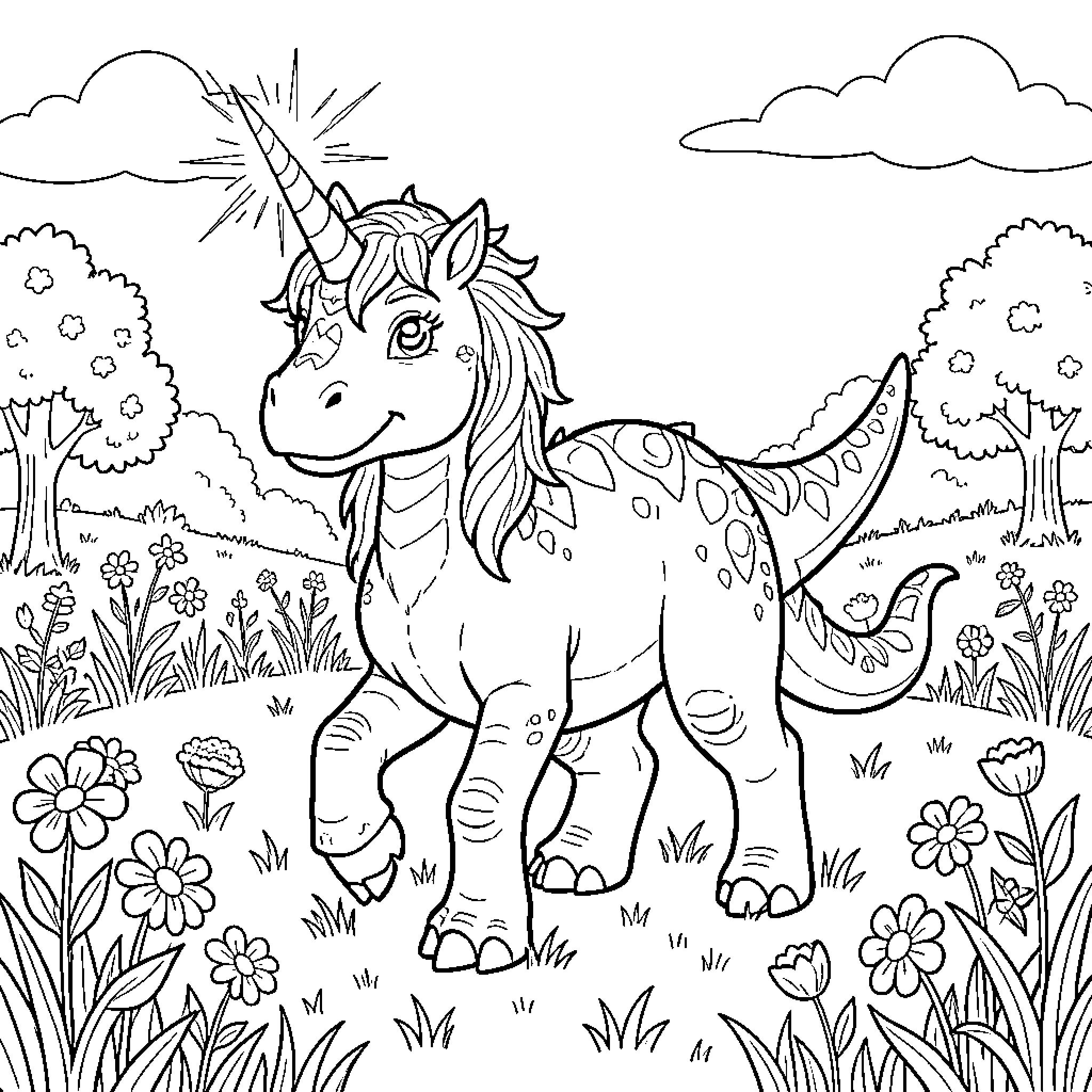 Unicorn Dinosaur standing happily in a flowery meadow Coloring Page (free black-and-white line drawing printable PDF for all, from beginners to advanced learners, including children, teens, adults, and seniors)